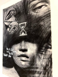 contemporary figurative black and white charcoal drawing pop art interior female