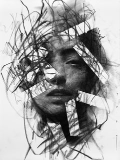 contemporain figuratif noir et blanc dessin au fusain pop art intérieur femme