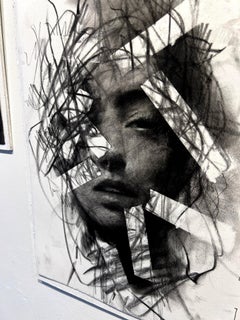 contemporary figurative black and white charcoal drawing pop art interior female