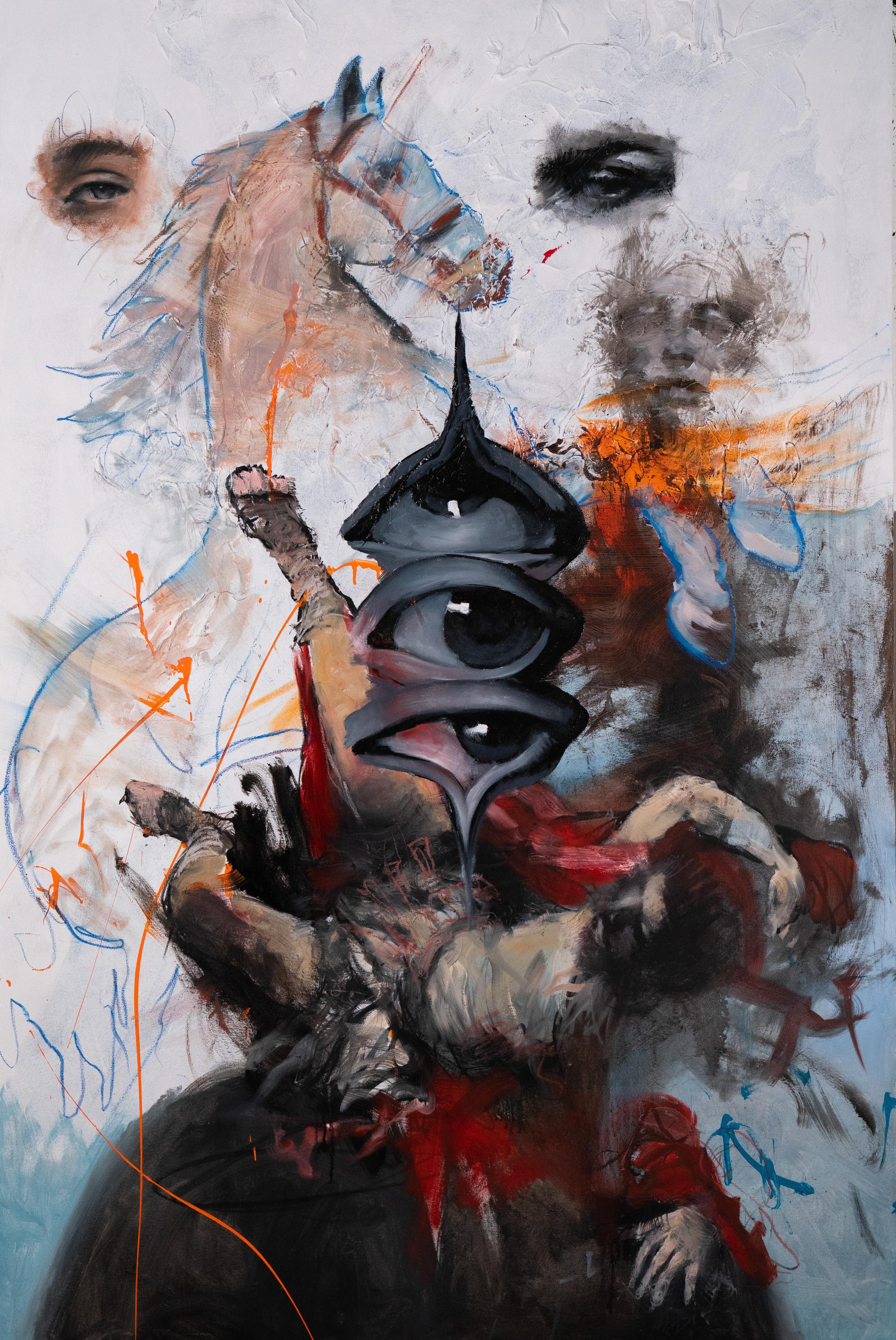 zeitgenössisch figurativ Farbe Öl Kohle Pop Art Interieur surreal (Grau), Portrait, von Josh Hernandez