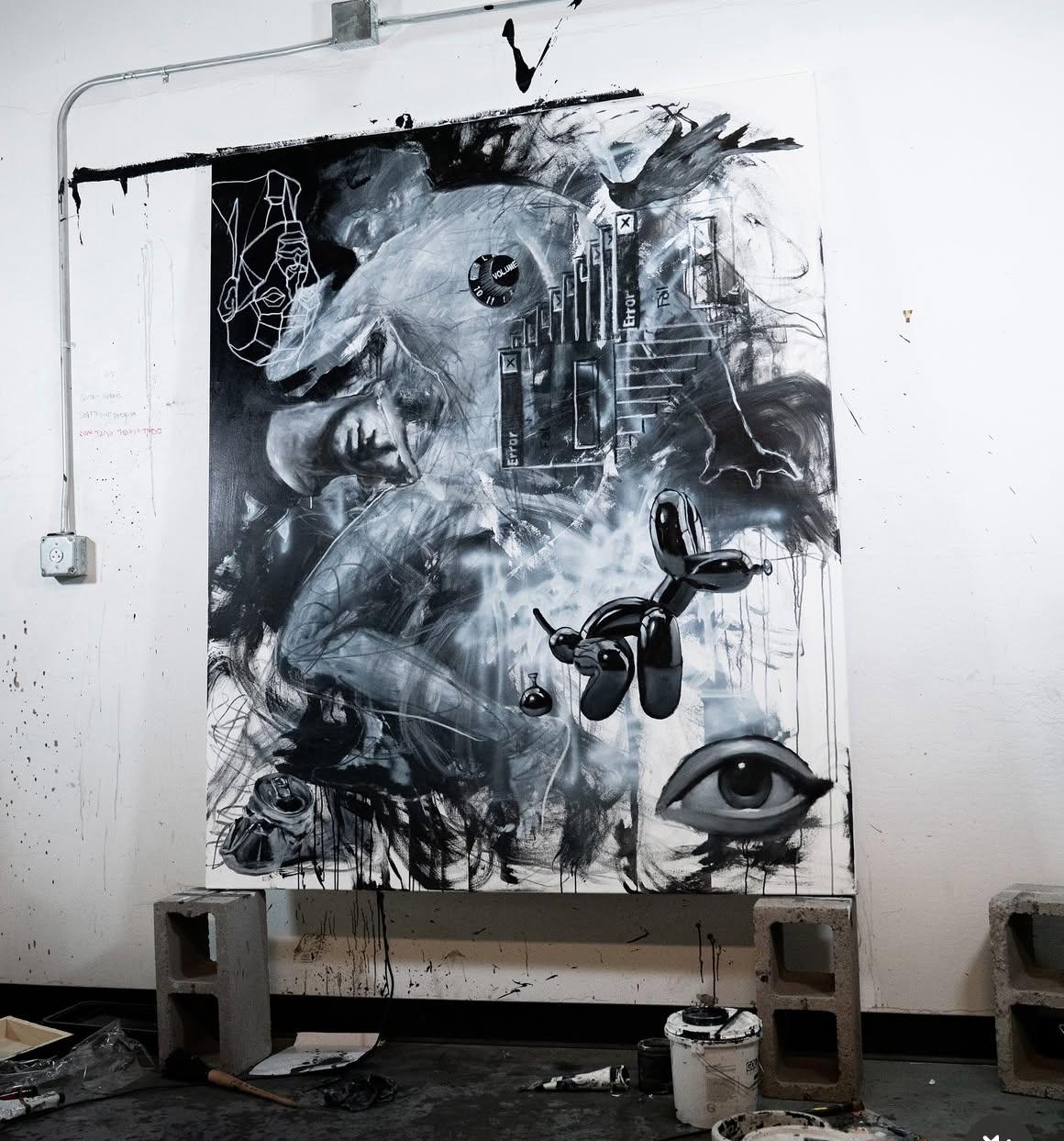 zeitgenössisch figurativ Farbe Öl Kohle Pop Art Interieur surreal (Schwarz), Portrait, von Josh Hernandez