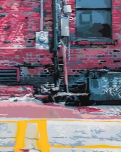 "Side Door" pittura spray street art su pannello, contemporaneo, rosso, paesaggio urbano