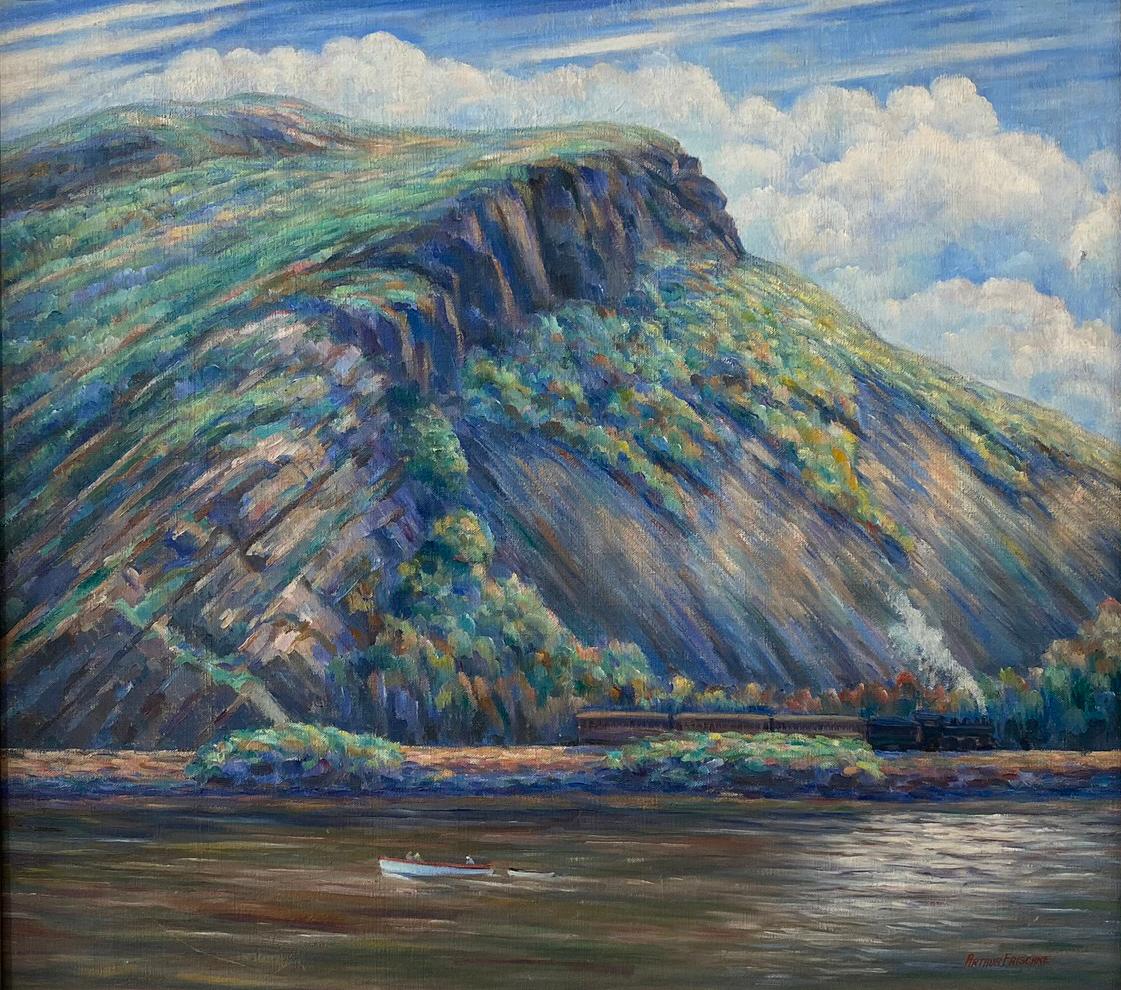 Crows-Nest Mountain", 1931 von dem New Yorker Künstler Arthur Frischke. Öl auf Leinwand, 22 x 26 Zoll. / Rahmen 30 x 32,25 in. Diese Landschaftsansicht zeigt den Crows-Nest Mountain, der in Highlands, NY, am Hudson River liegt. Dieses Gemälde zeigt
