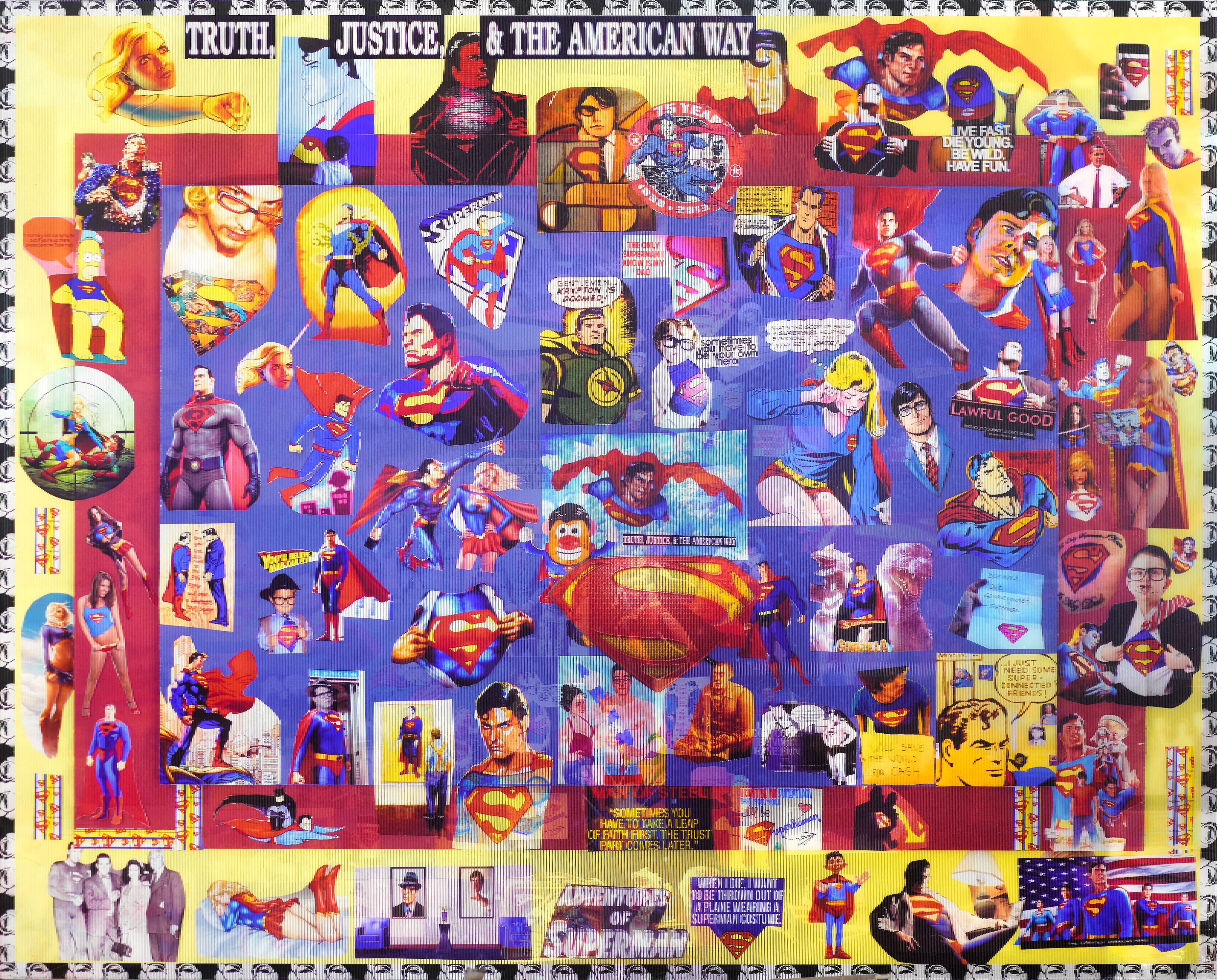 superman: Truth, Justice, and the American Way" von DJ Leon, 2013. Das Werk misst 32 x 40 Zoll. Dieser Lentikulardruck greift Bilder und Texte von Superman auf und kombiniert sie. Die Lentikularbilder bewegen sich, wenn der Betrachter seine Position