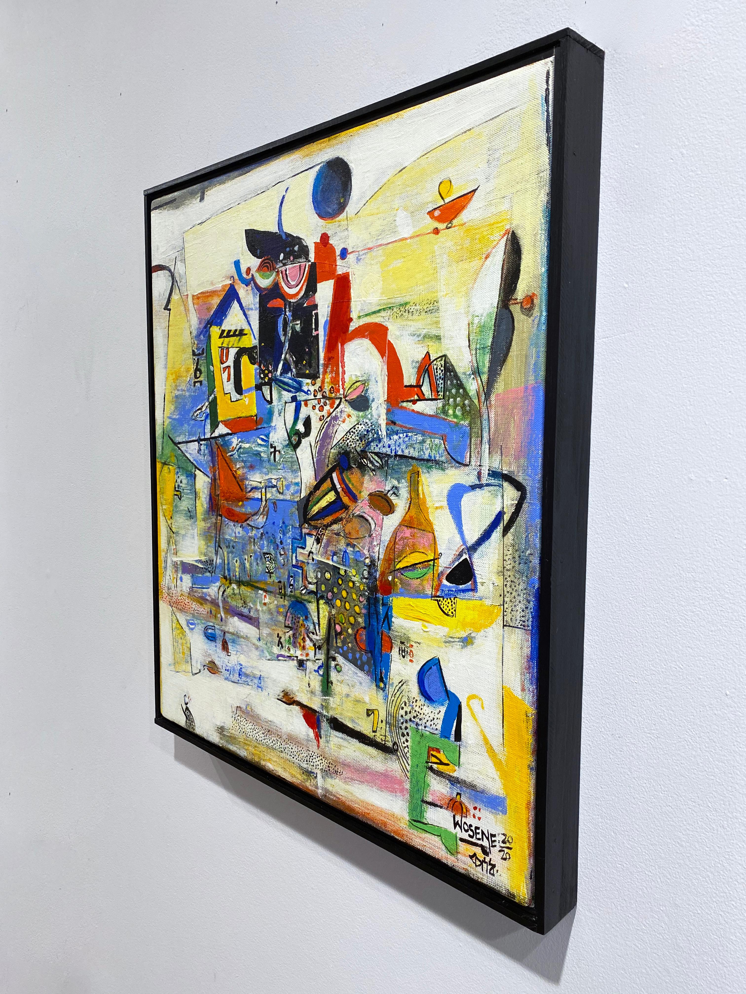 'Sketch for a Hat V' by Wosene Worke Kosrof , 2020. Acrylic on linen, 22 x 19 in. This abstract painting features primary colors including red, yellow, purple, orange and black and is framed in a simple black wood frame. 

 Contemporary