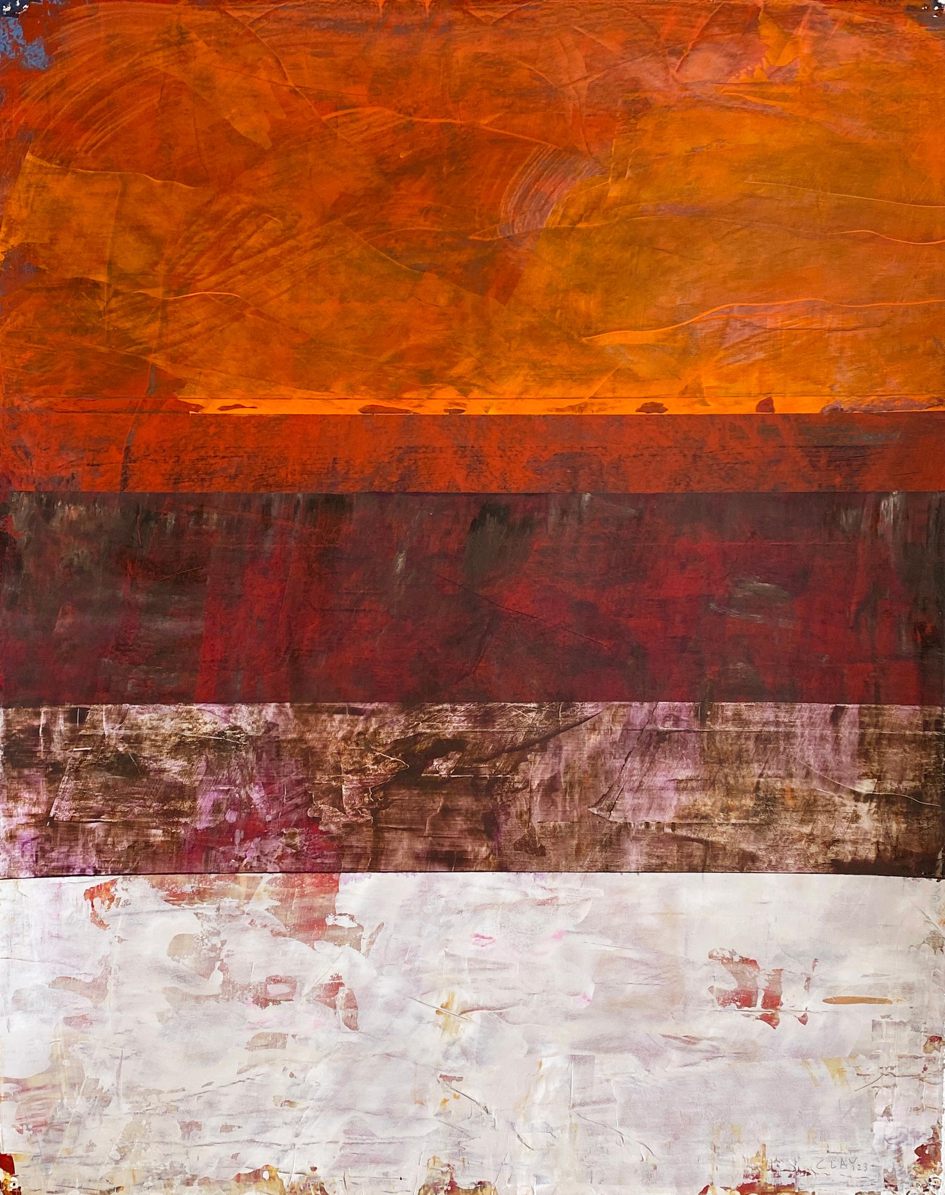 Untitled (#725)' 2023 par l'artiste américain Clay Johnson. Acrylique sur papier Arches, 20 x 16 in. Cette peinture abstraite colorée présente des bandes de couleurs orange, rouge, rose, blanc et noir. 

Motivé par le processus plutôt que par la