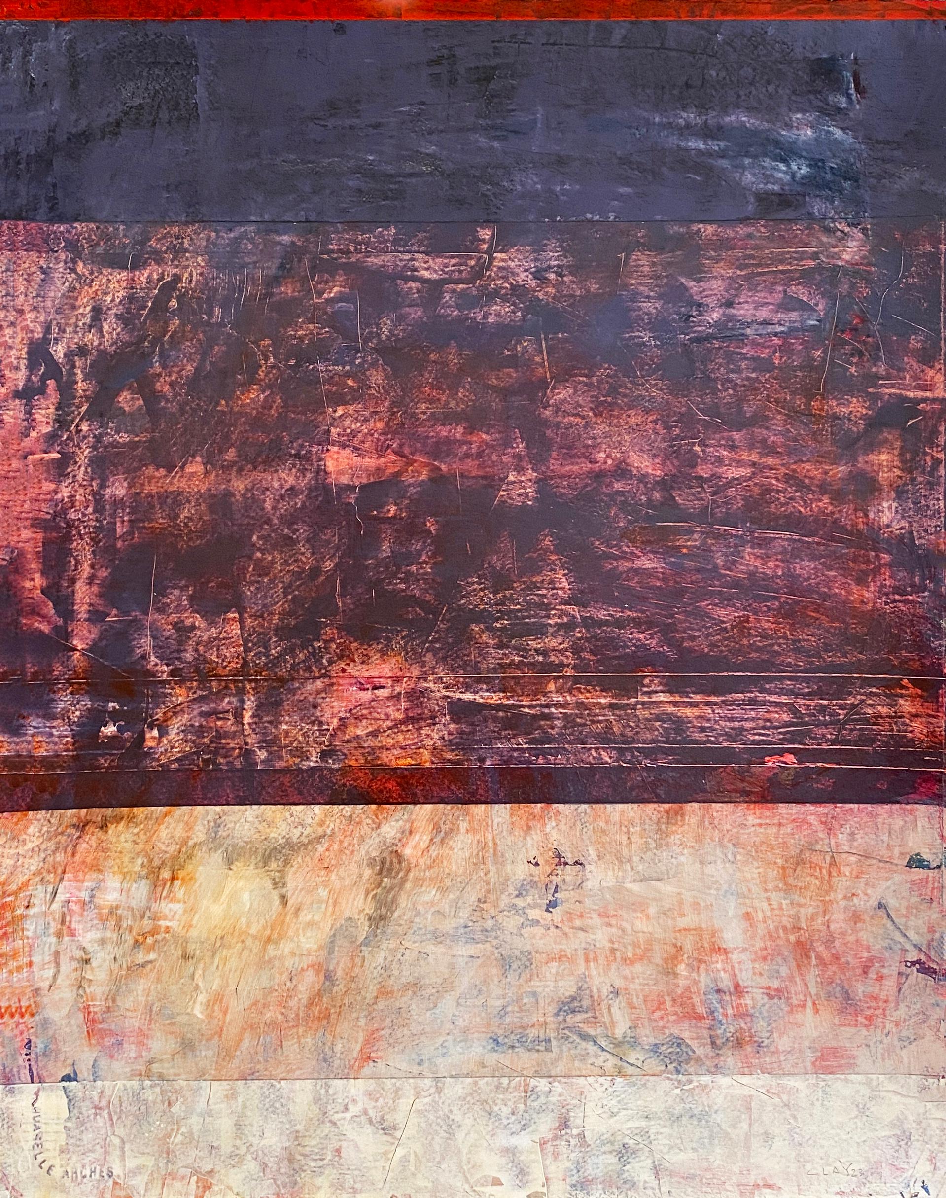 Untitled (#727)" 2023 von dem amerikanischen Künstler Clay Johnson. Acryl auf Arches-Papier, 20 x 16 Zoll. Dieses farbenfrohe abstrakte Gemälde zeigt Farbbänder in Rot, Blau, Beige, Orange, Rosa und Schwarz. 

Clay Johnsons Arbeit ist eher