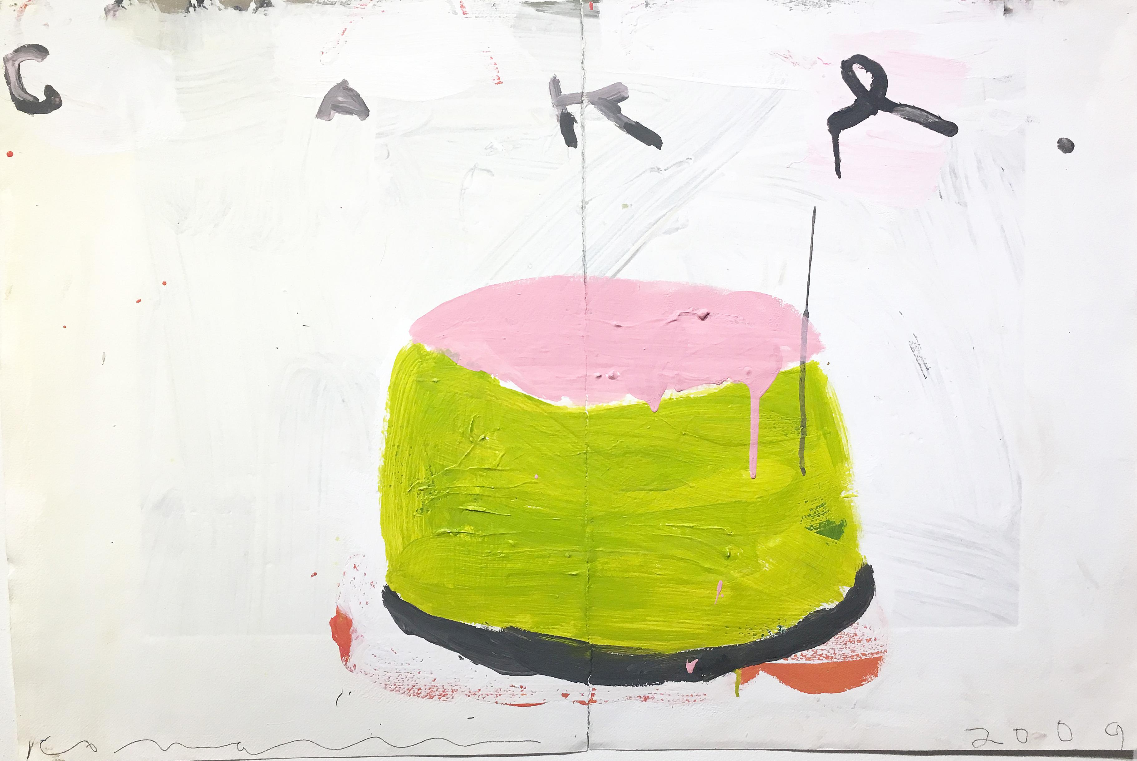 'Cake (Pink & Lime)' 2009 by American artist, Gary Komarin. Mixed media on paper, 20.50 x 30.50 in. Cakes are among Komarin’s most recognizable idiosyncratic images. This faux naive work on paper features a 1-tier cake painted in vivid colors of