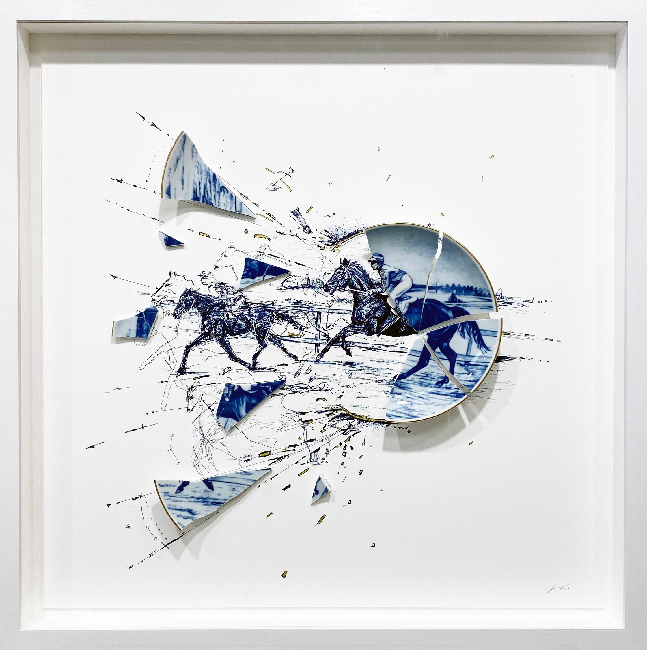 Available at Madelyn Jordon Fine Art.  'The Race' 2024 by American artist Robert Strati. Broken plate and ink on paper, 21 x 21 x 1.5 in. / Frame: 24 x 24 x 2.5 in. This work incorporates pieces of an antique shattered plate depicting a jockey on a