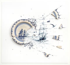 Ink on paper, porcelain wall sculpture, Robert Strati 'Sailing Ship with Gulls' 