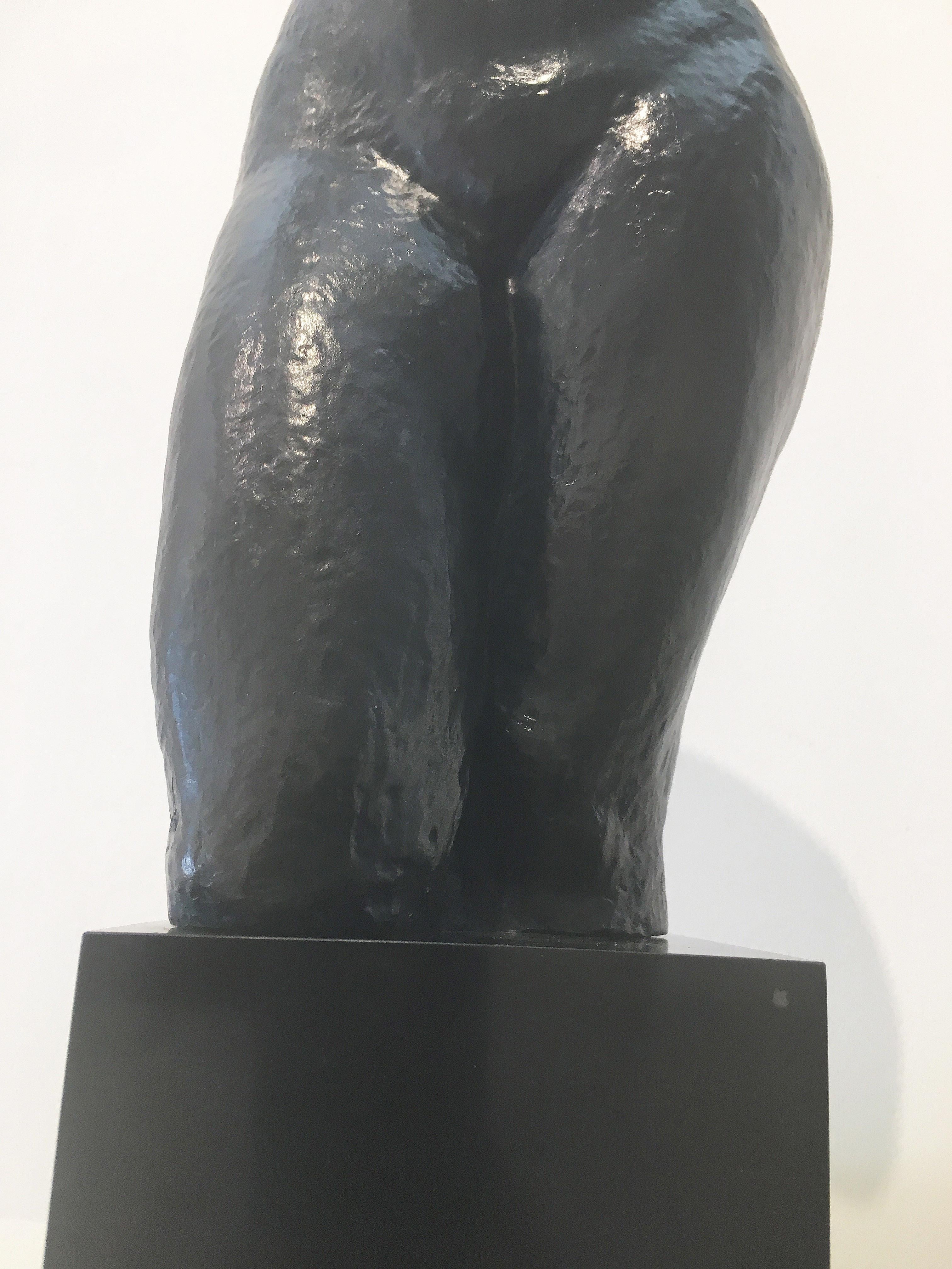 'Lulu Lapalue' 1931 by French sculptor, Robert Wlérick. Bronze, Ed. 7 of 10, 22.75 x 4.75 x 8 in. This bronze sculpture depicts a woman's torso with a black patina. The sculpture sits on a black marble cube base and is signed and numbered 'R.