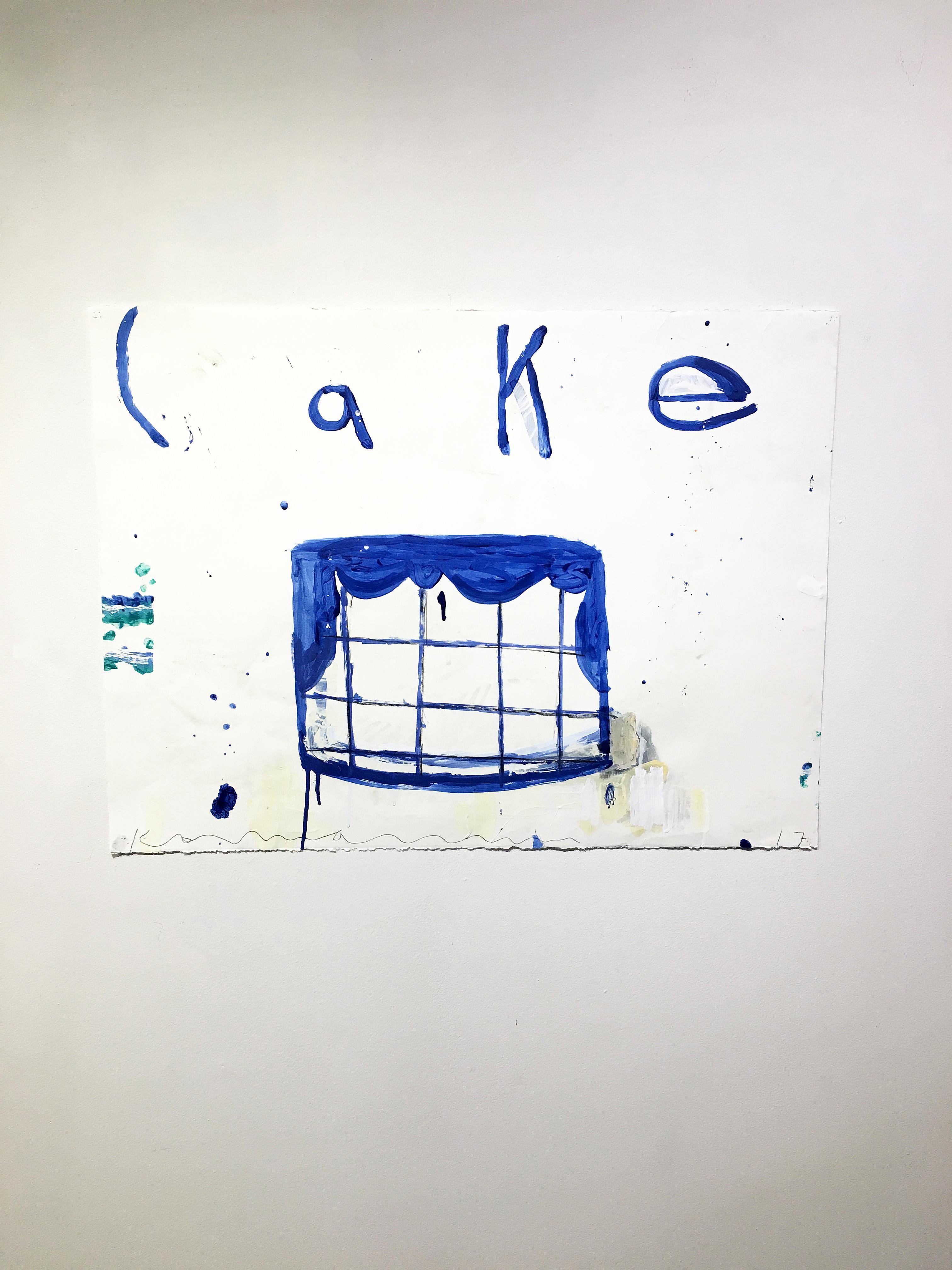 'Cake (White & Blue)' 2017 by American artist, Gary Komarin. Mixed media on paper, 22.25 x 30 in. Cakes are among Komarin’s most recognizable idiosyncratic images. This faux naive work on paper features a 1-tier cake painted in blue on a white