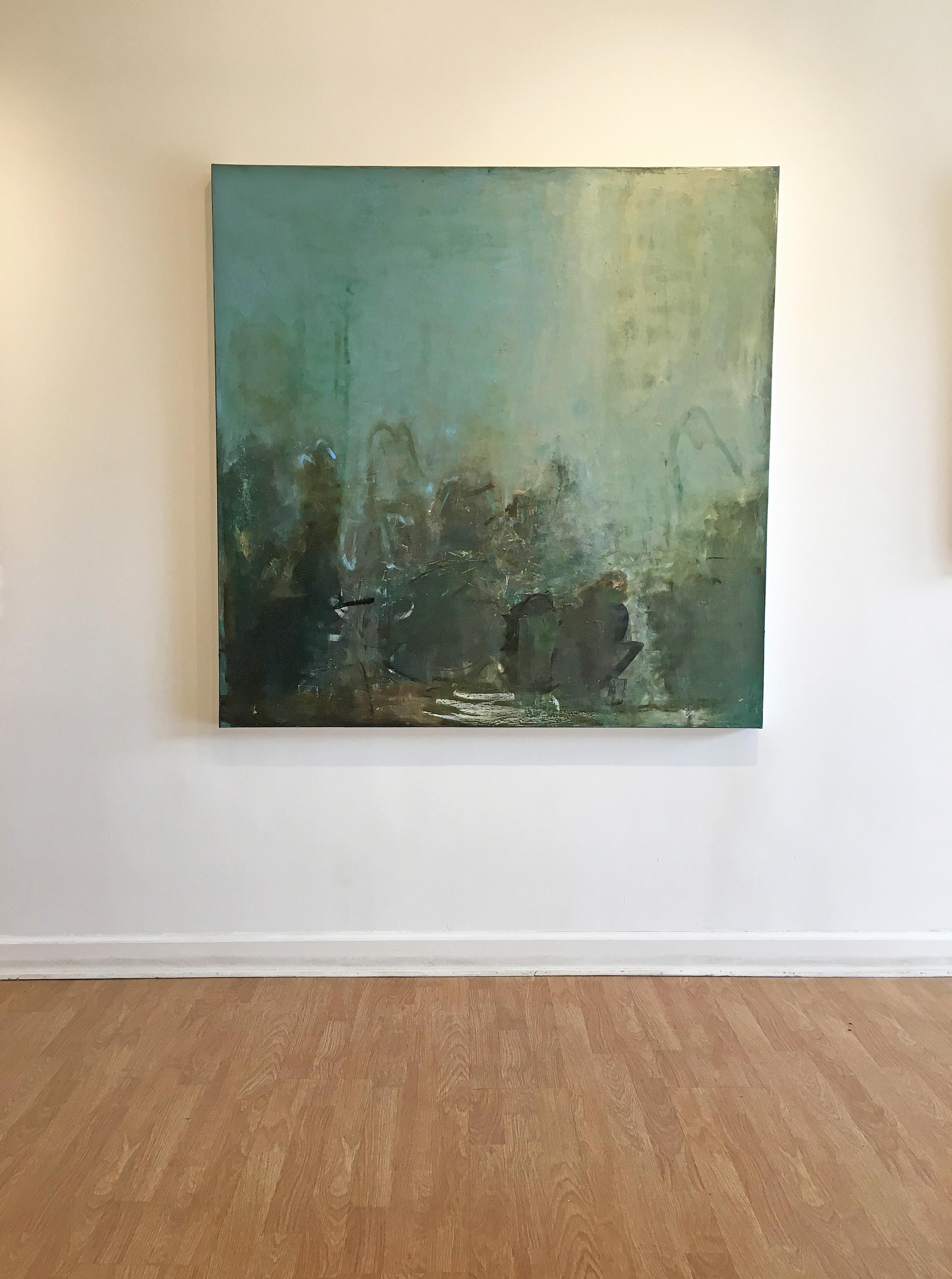 'Any Day Now' in 2018 by French artist Sandrine Kern. Oil and cold wax on canvas, 54 x 54 in. This abstracted landscape painting features a forest scene in a soft palette of colors including brown, yellow, green, blue, black, and white.

Sandrine