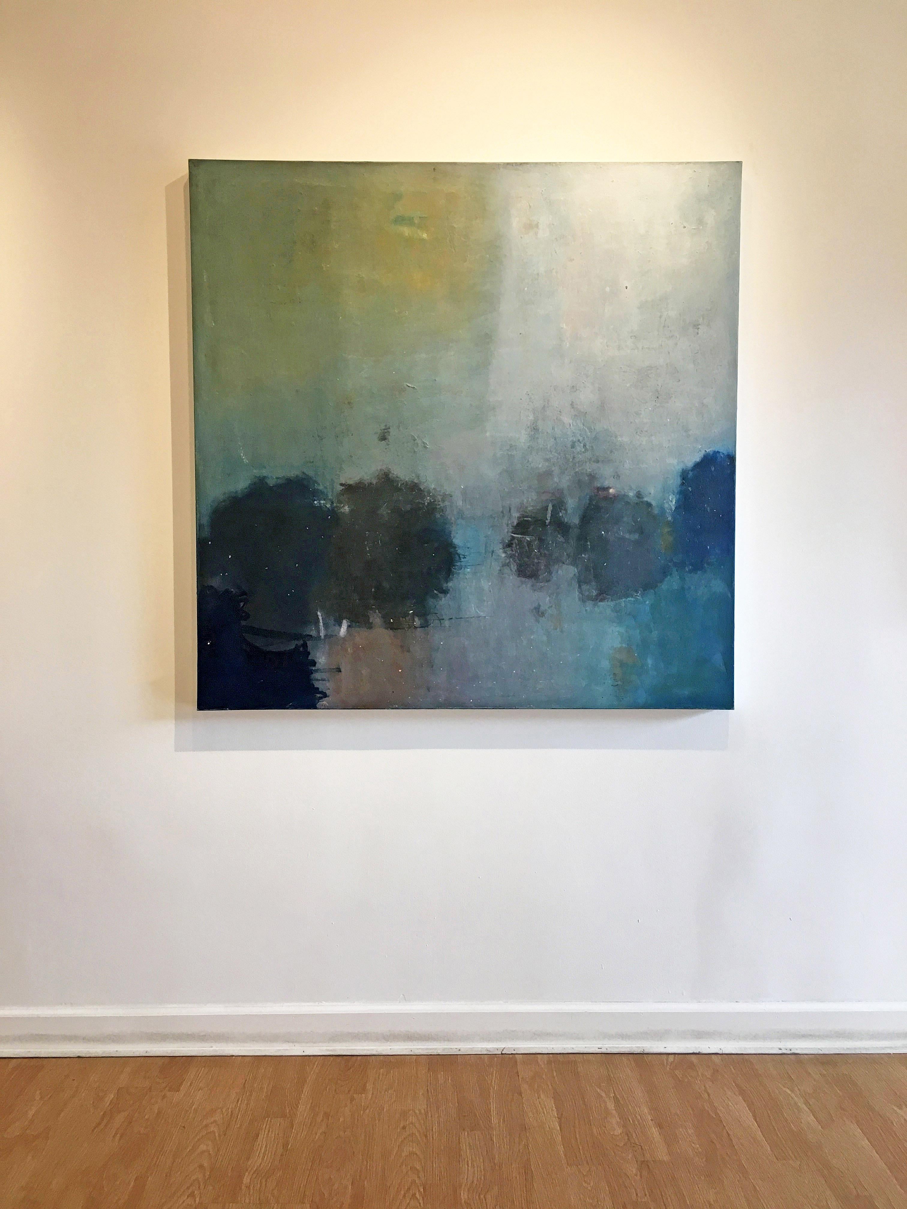 'The 5 of Us' in 2018 by New York City base, French artist Sandrine Kern. Oil and cold wax on canvas, 48 x 48 in. This abstracted landscape painting features a forest scene in colors of green, blue, brown, black, white, and hints of pink.

Sandrine