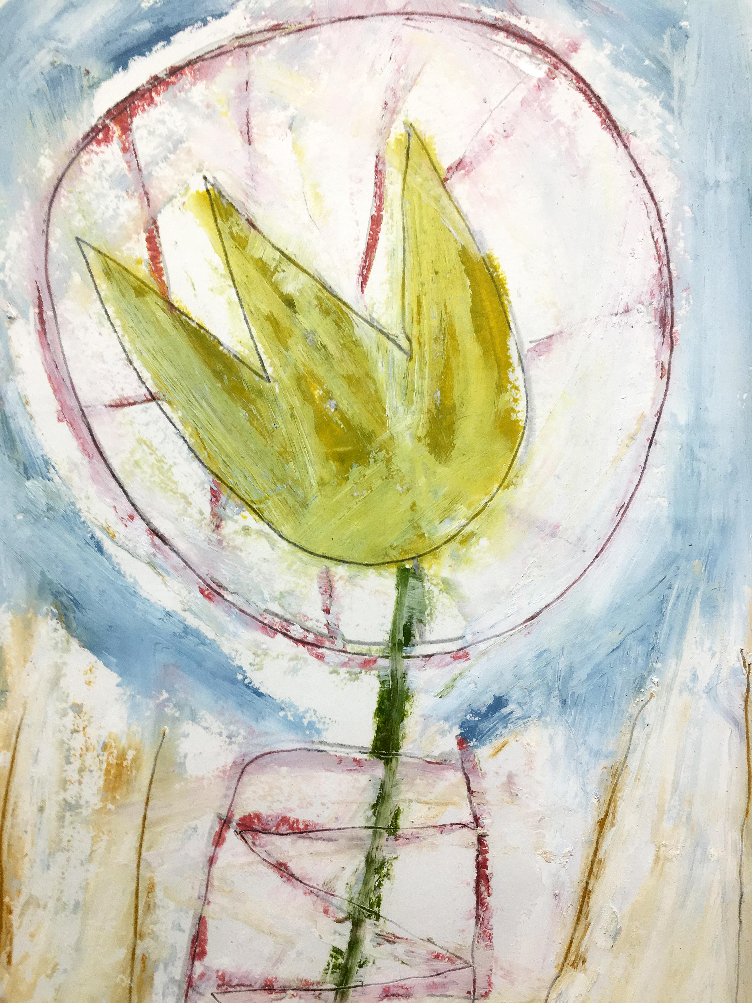 'Mansfield Tulip' by Adam Handler, 2018. Oil stick on paper, 12 x 8 in. / Frame: 17.25 x 13 in. This work on paper by American artist Adam Handler depicts a tulip in his signature naive, child-like style. Swaying to the left, the black tulip is