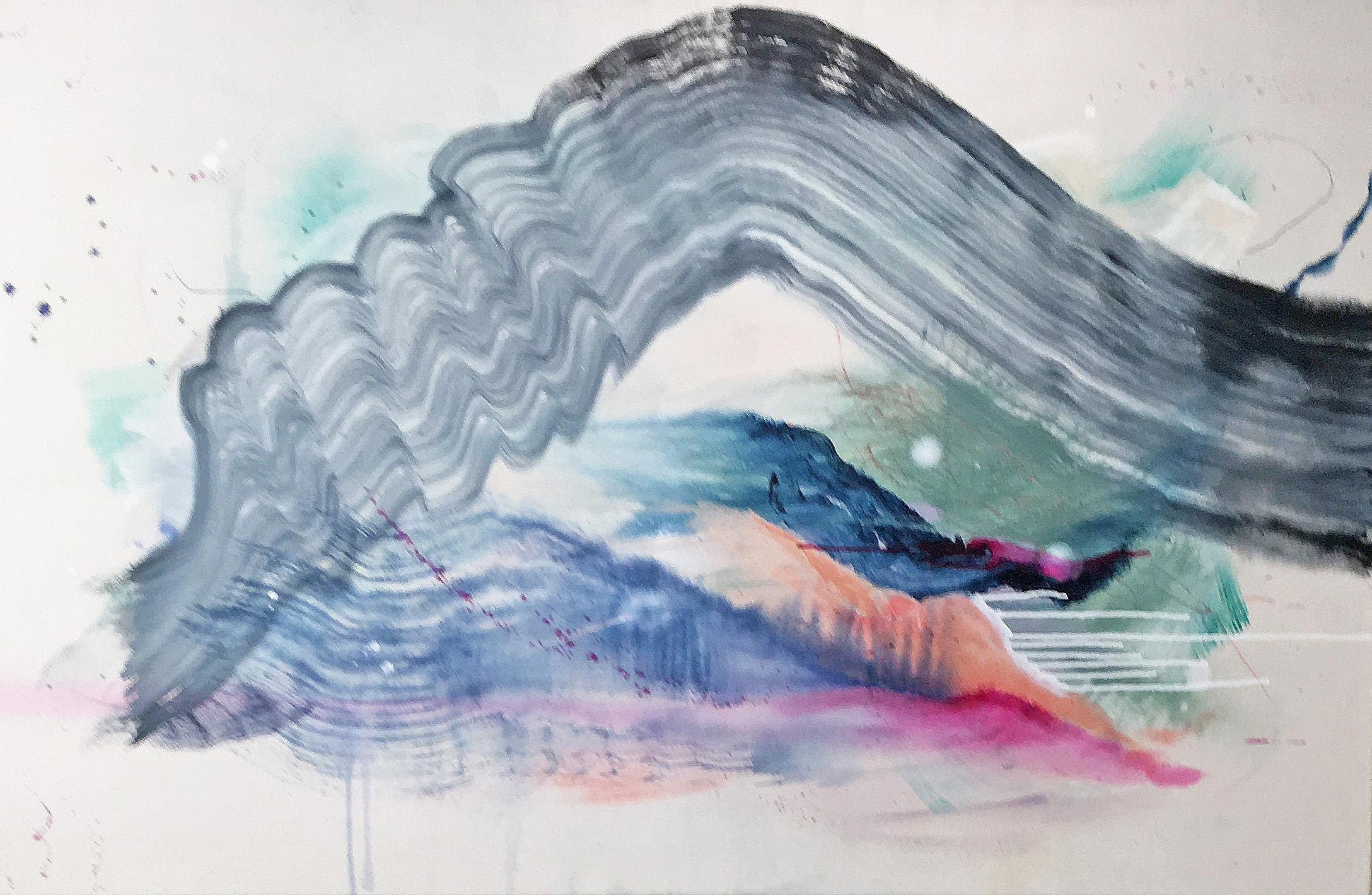 'Conversations Under Water II' 2019 by American artist, Rebecca Stern. Acrylic and ink on canvas, 60 x 38 in. Stern's artwork explores themes of motivation, control, chance, change, and balance. Gestural marks within the work produce a visual