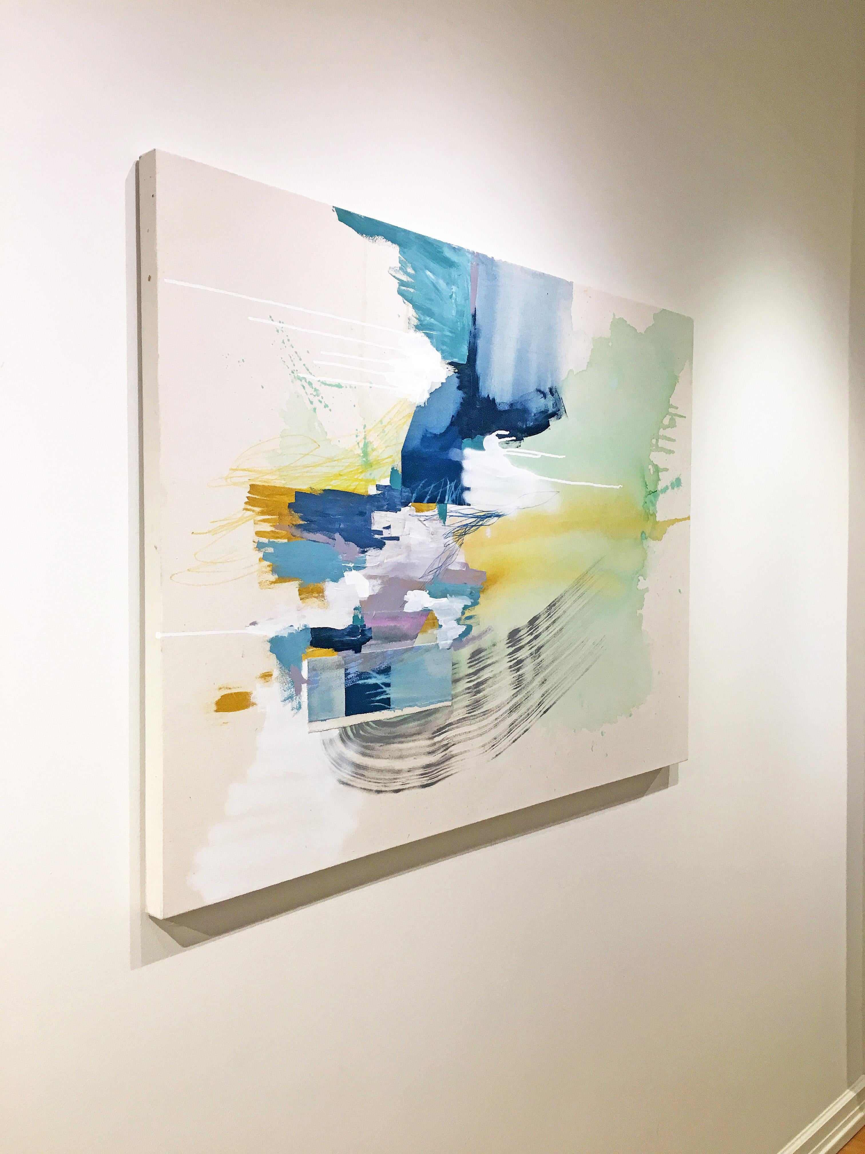 'Missing Memories' 2019 by American artist, Rebecca Stern. Acrylic, ink, spray paint, and canvas collaged on canvas, 36 x 48 in. Stern's artwork explores themes of motivation, control, chance, change, and balance. Gestural marks within the work