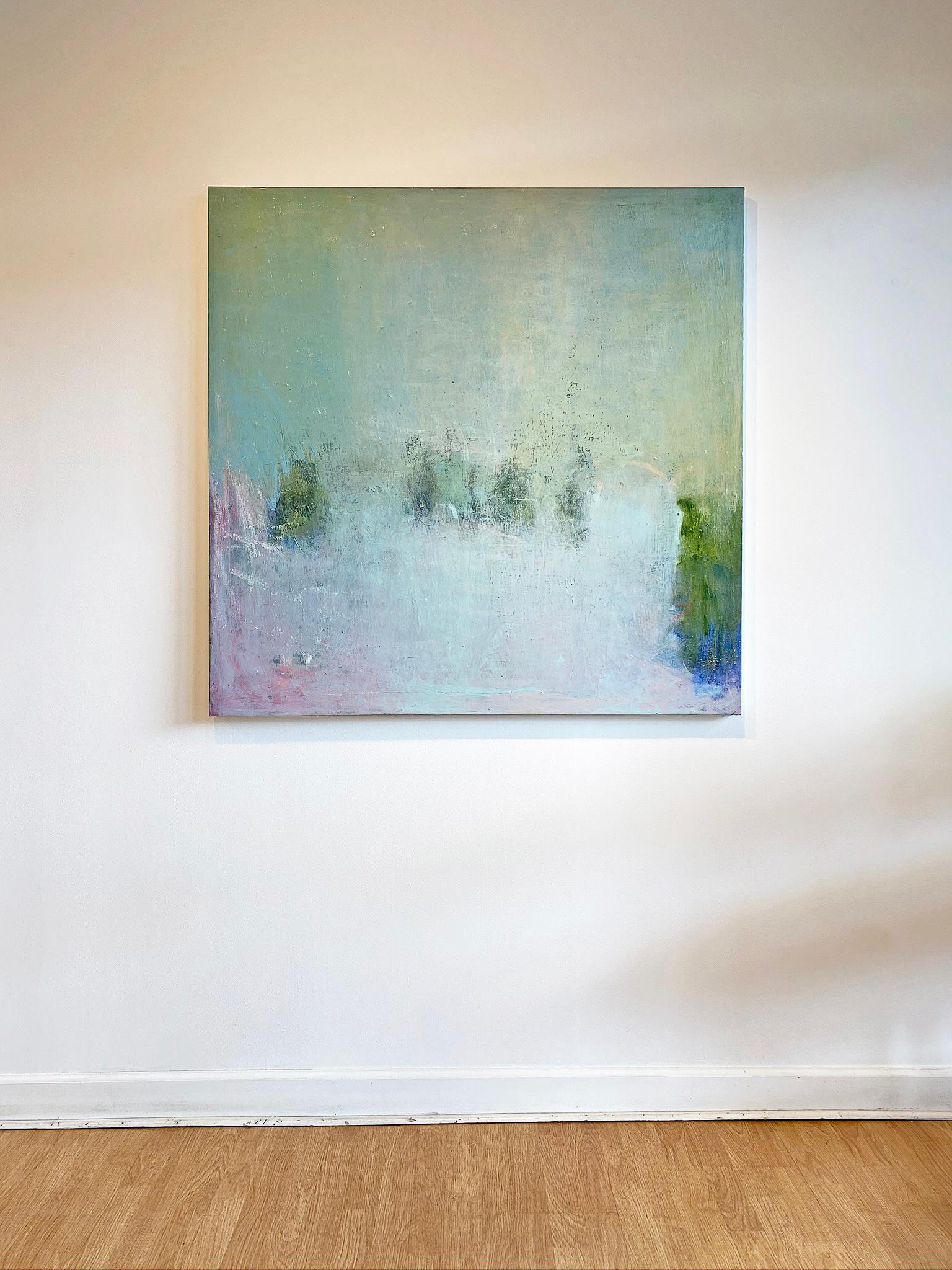 'Pink Daze' in 2019 by New York City base, French artist Sandrine Kern. Oil and cold wax on canvas, 48 x 48 in. This abstracted landscape painting features a forest scene in pastel colors of blue, pink, green, and yellow, brown, and black.

Sandrine