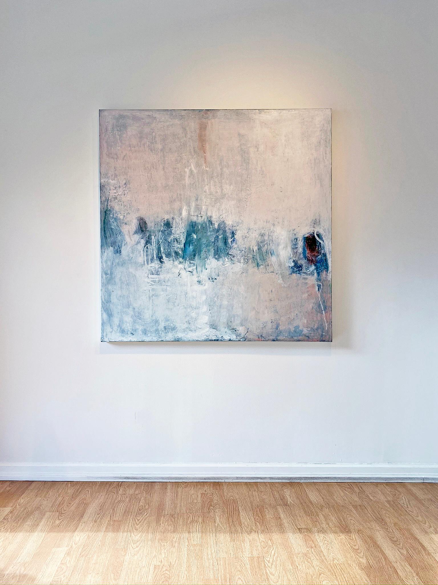 'Winter White Out' in 2019 by New York City base,  French artist Sandrine Kern. Oil and cold wax on canvas, 54 x 54 in. This abstracted landscape painting features a winter scene in colors of beige, white, peach, and hints of blue and