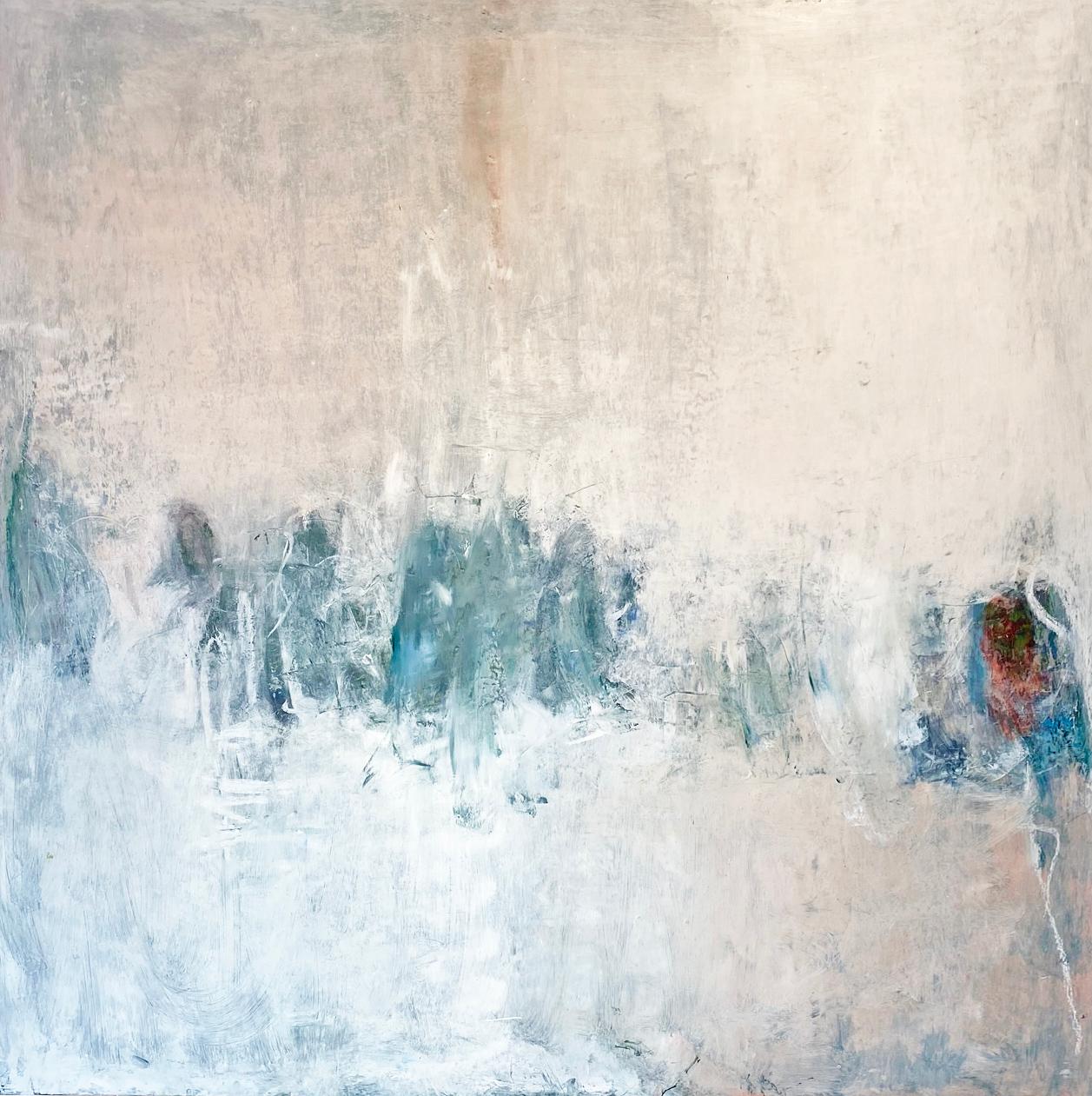 A. Winter White Out" nel 2019 dalla base di New York,  L'artista francese Sandrine Kern. Olio e cera fredda su tela, 54 x 54 pollici. Questo dipinto di paesaggio astratto presenta una scena invernale dai colori beige, bianco, pesca e accenni di blu