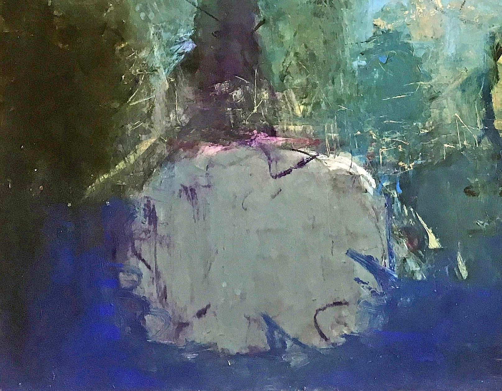 'Floral Park' in 2018 by New York City base, French artist Sandrine Kern. Oil and cold wax on canvas, 54 x 54 in. This abstracted landscape painting features a forest scene in colors of light blue, dark blue, green, grey, white, and black.

Sandrine