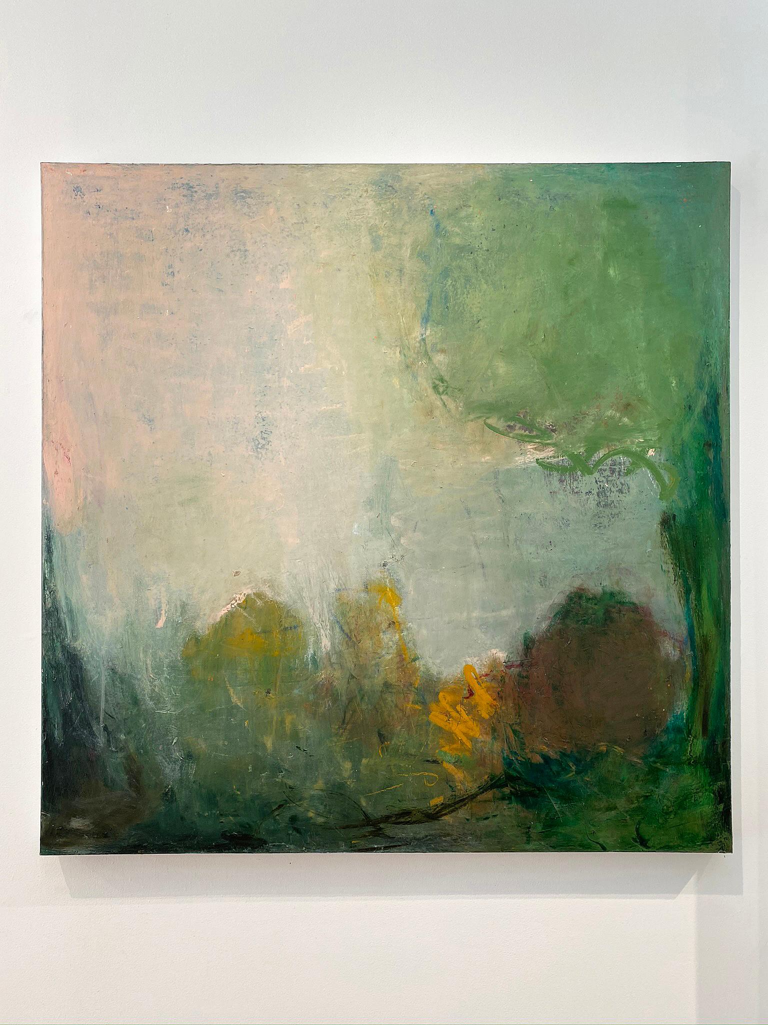 'Spring' in 2020 by New York City base, French artist Sandrine Kern. Oil and cold wax on canvas, 48 x 48 in. This abstracted landscape painting features a woodland scene in colors of pink, green, blue, orange, brown, and black.

Sandrine Kern's work
