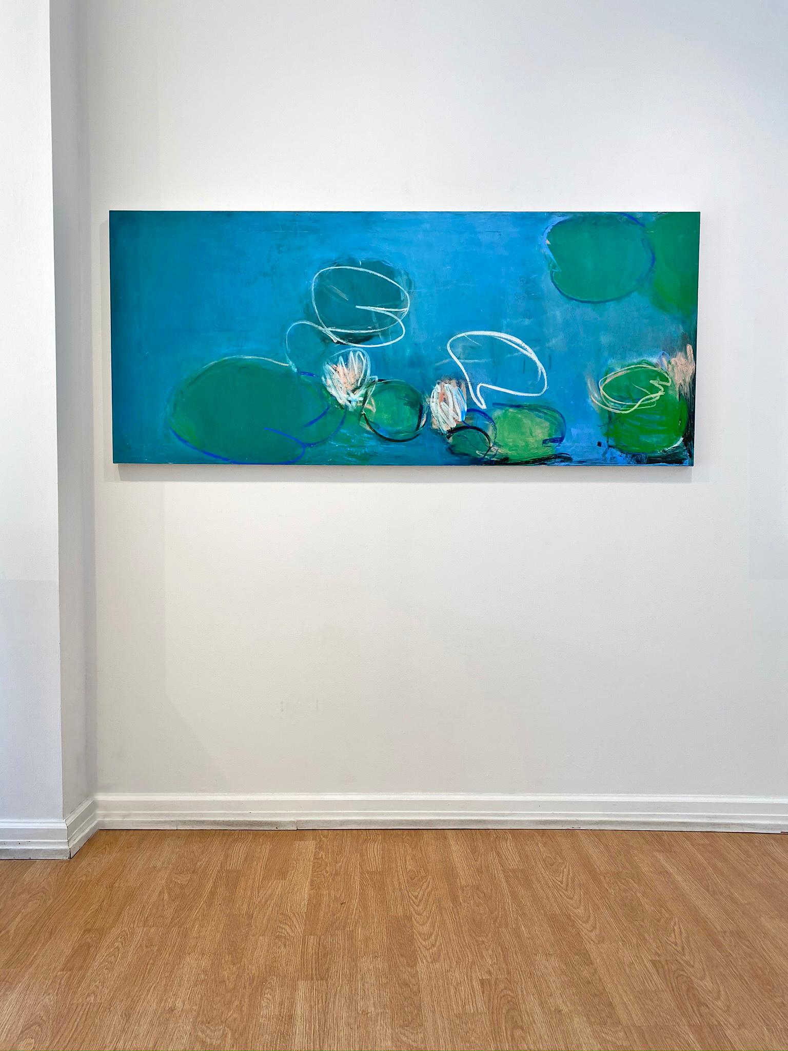 'Lilies' in 2019 by New York City base, French artist Sandrine Kern. Oil and cold wax on canvas, 30 x 70 in. This abstracted landscape painting features a pond and water lily scene in colors of blue, pink, white, green, and black.

Sandrine Kern's