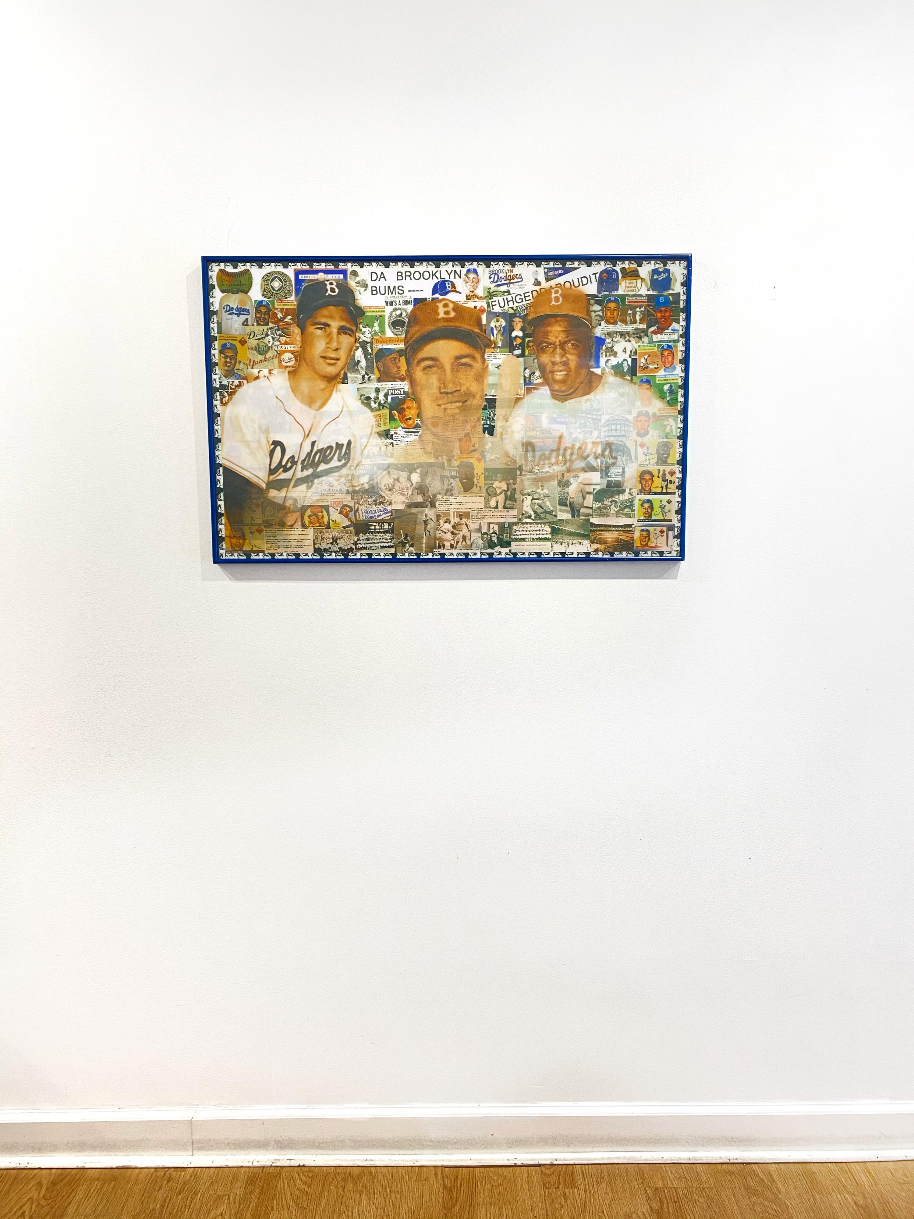 'Dodgers the Brooklyn Bums' by DJ Leon, 2014. The lenticular print measures 36 x 24 inches and incorporates, appropriates, and combines images and text on the Brooklyn Dodgers baseball team. Lenticular images move as the spectator shifts his
