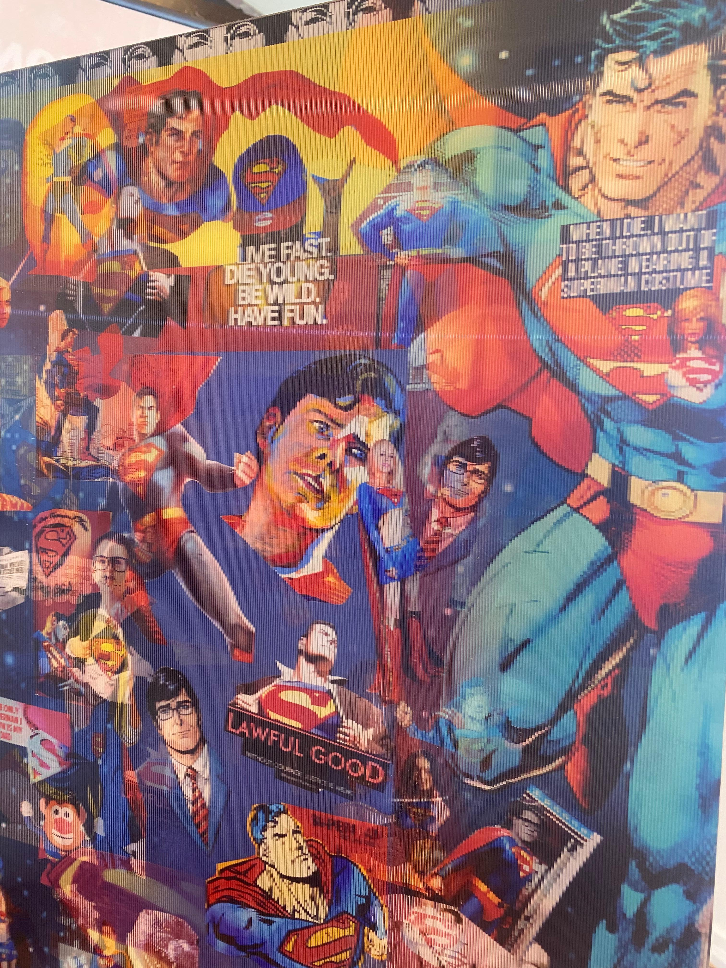 'Superman: Truth, Justice, and the American Way' by DJ Leon, 2013. The piece measures 32 x 40 inches. This Lenticular print incorporates, appropriates, and combines images and text featuring Superman. Lenticular images move as the spectator shifts