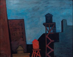 "Night Time Rooftops with Water Tanks"