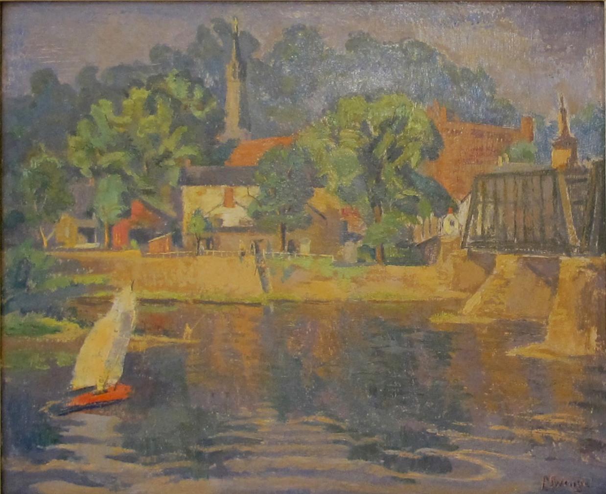 « River Village » ( Village de Ribbon) - Painting de Faye Swengel Badura