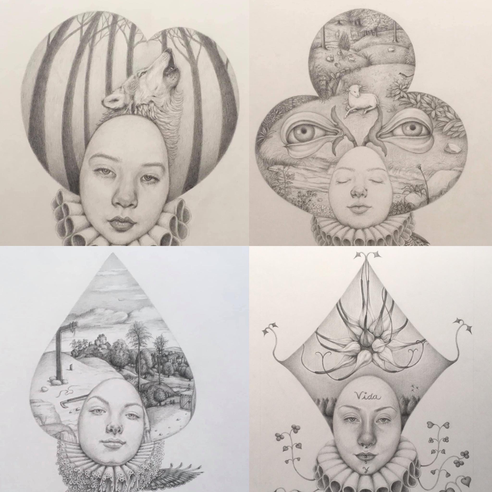 Four drawings - Okada suit of playing cards 