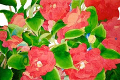 Camelias Brillantes Acuarela sobre Papel, Enmarcada Arte Contemporáneo. Enmarcado