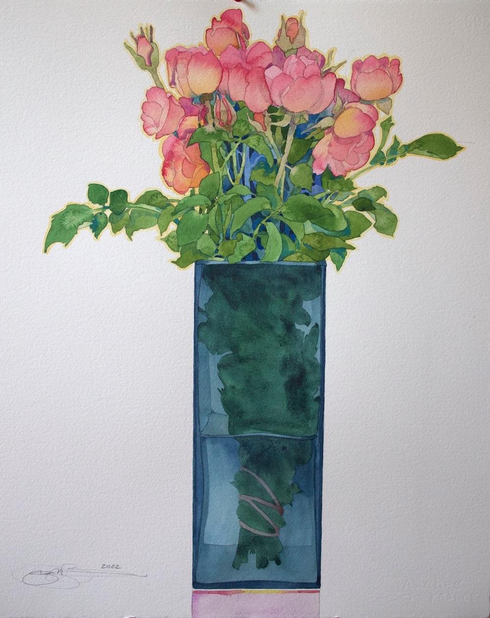 Gary Bukovnik Still-Life – Rosen in einer blauen Vase