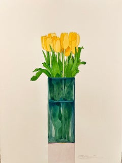 Bodegón con tulipanes amarillos de jardín