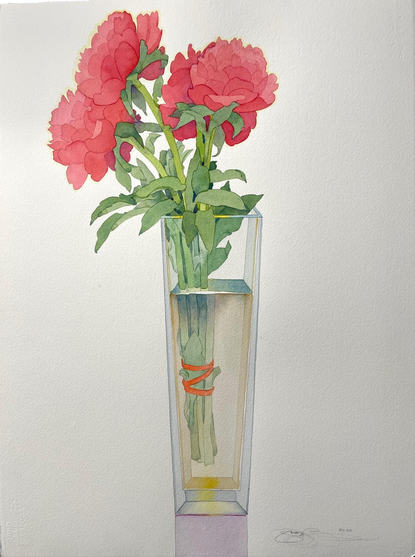 Gary Bukovnik Still-Life Painting - Glowing Peonies in Tall Vase 