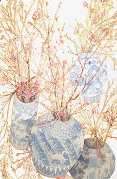 Cherry blossoms in tumbling asian vases