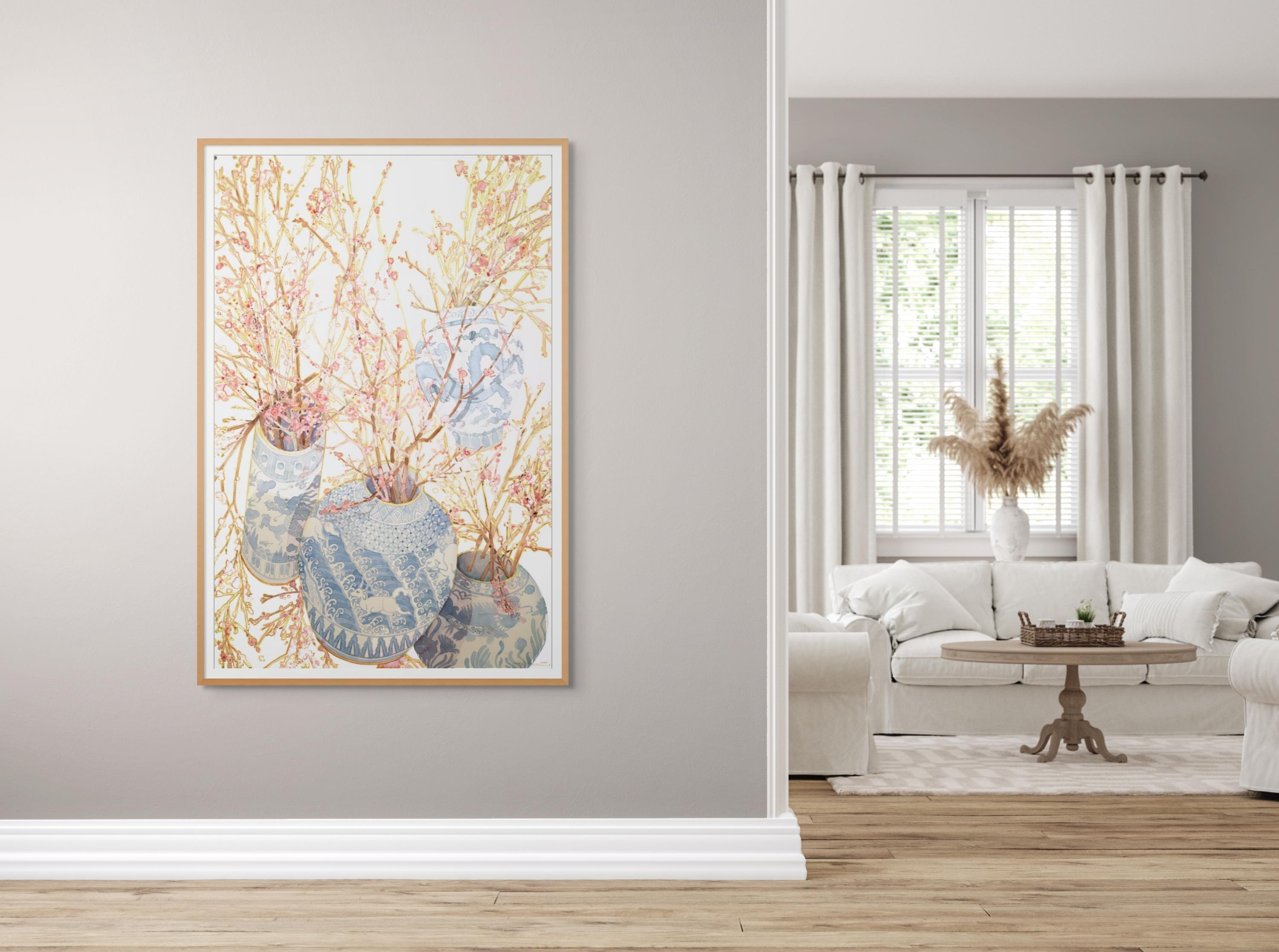 Cherry blossoms in tumbling asian vases - Painting by Gary Bukovnik