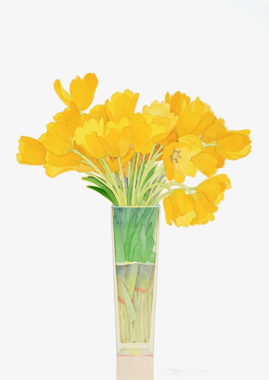 Still-Life Painting de Gary Bukovnik - Tulipanes amarillos en un jarrón alto 2