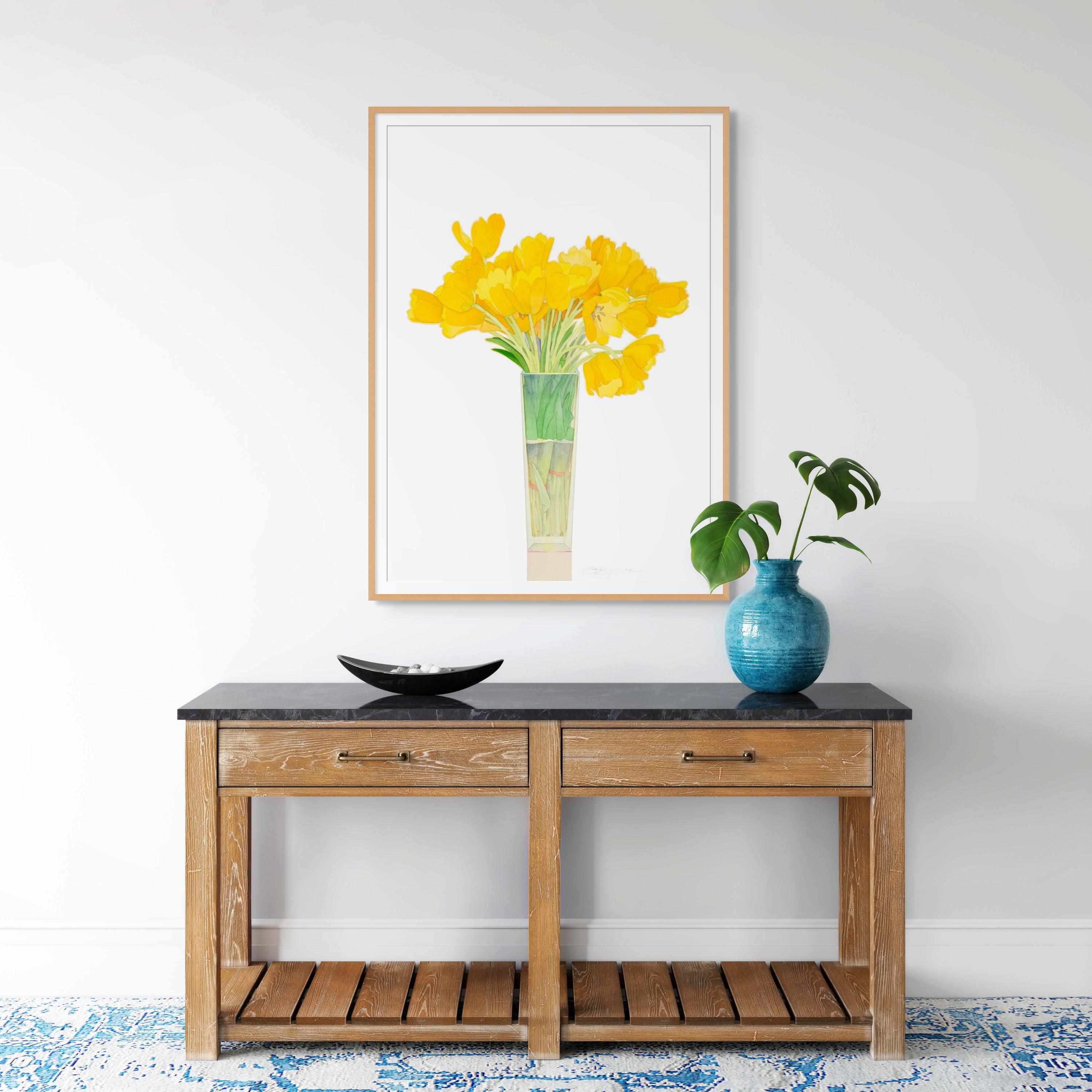 Tulipanes amarillos en un jarrón alto 2 - Painting de Gary Bukovnik