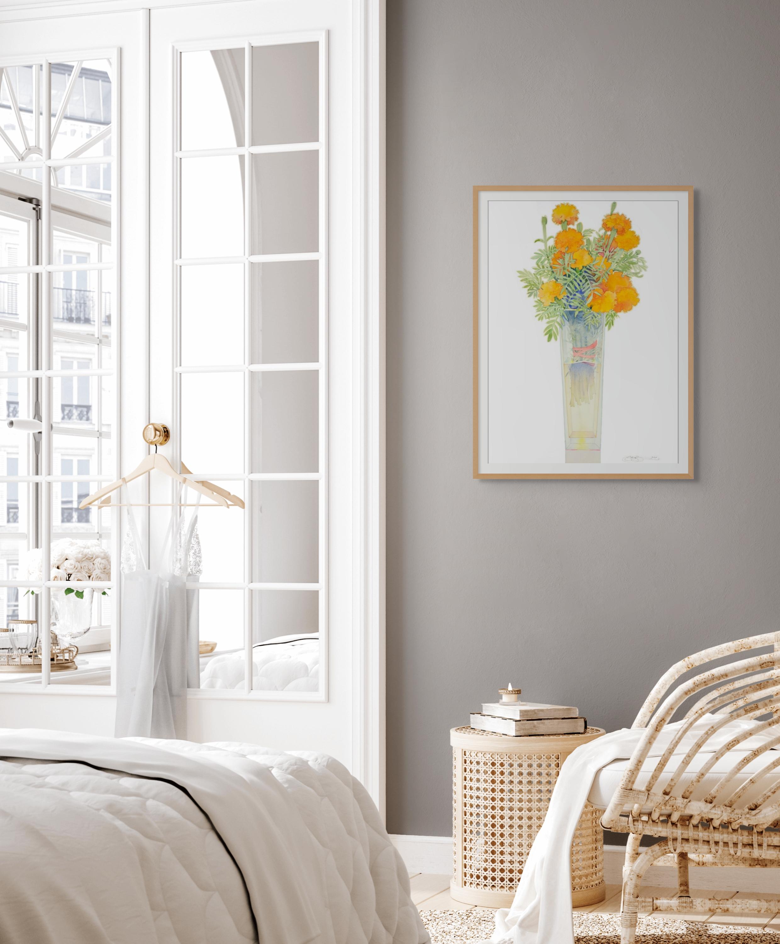 Marigolden in einer hohen Vase – Painting von Gary Bukovnik