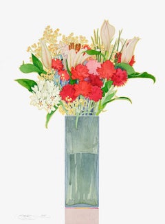 Mixed flowers in a green vase
