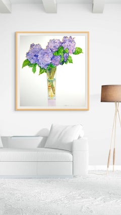 'Hydrangeas' watercolor on paper, professionally framed in light wood