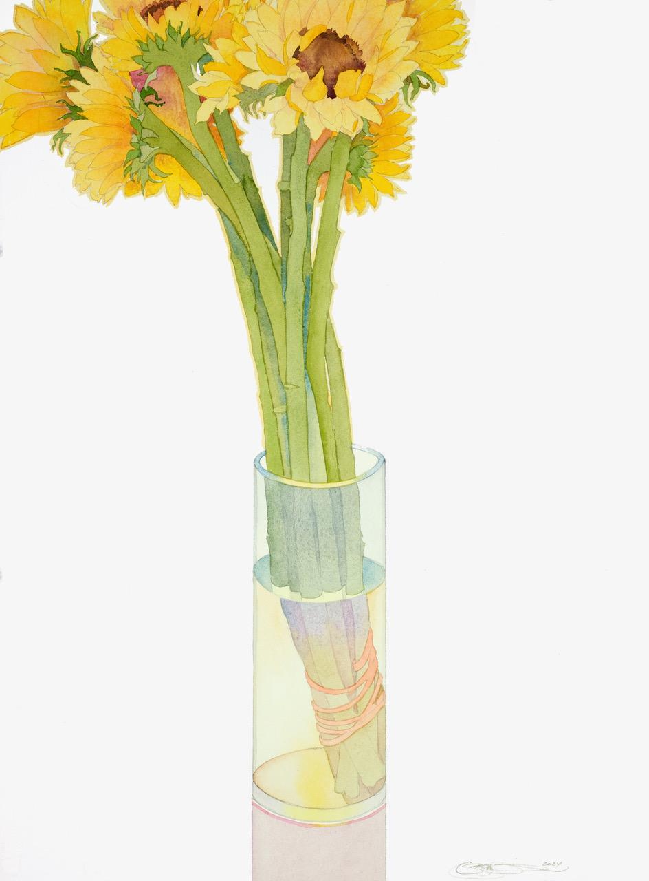 Gary Bukovnik Still-Life - 'Sunflowers in a Tall Vase' watercolor on paper, professionally framed