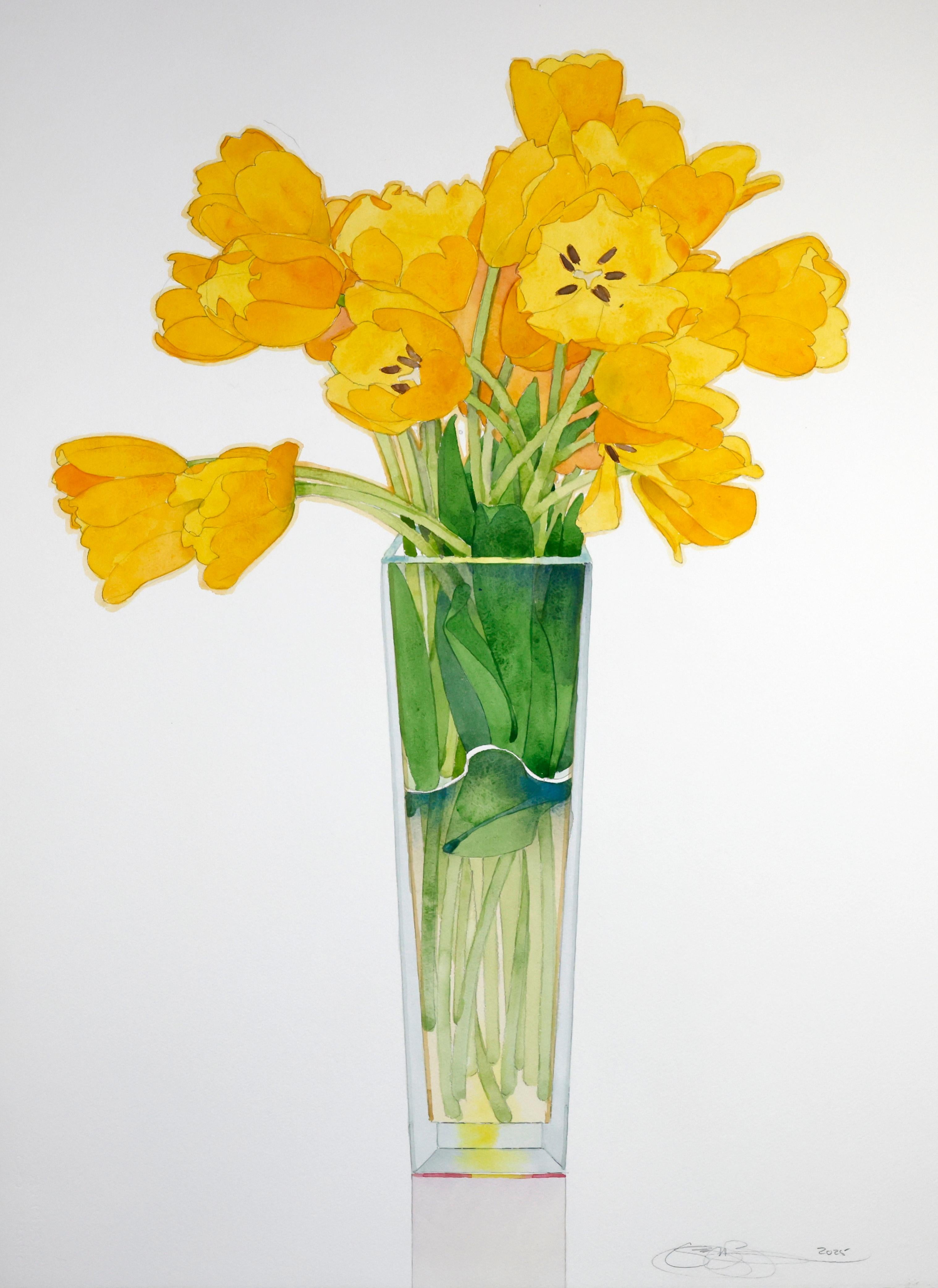 'Yellow Tulips', watercolor on cotton paper, professionally framed in light wood