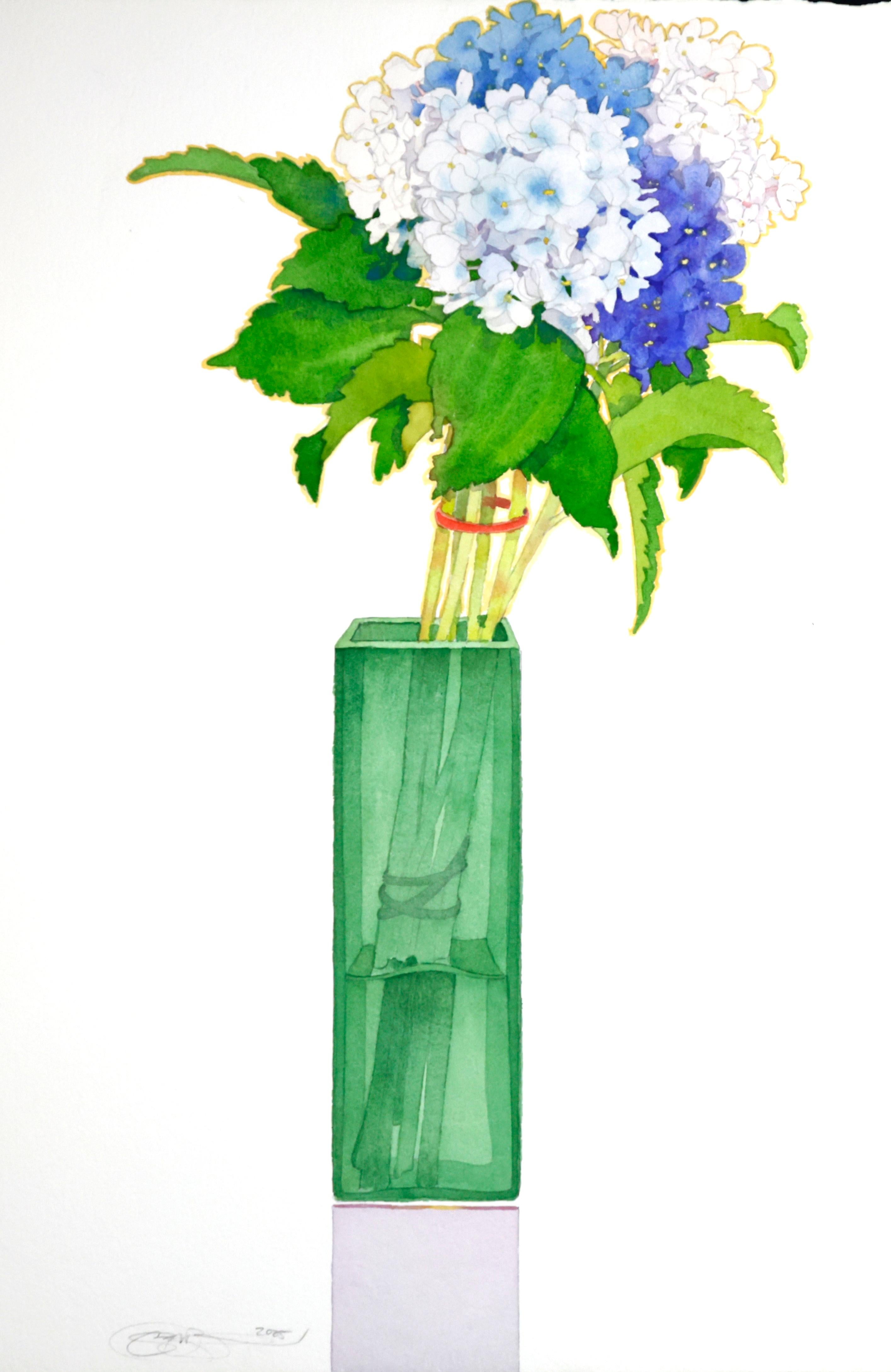 Gary Bukovnik Still-Life Painting - 'Hydrangeas in a Green Vase' watercolor on cotton paper, professionally framed