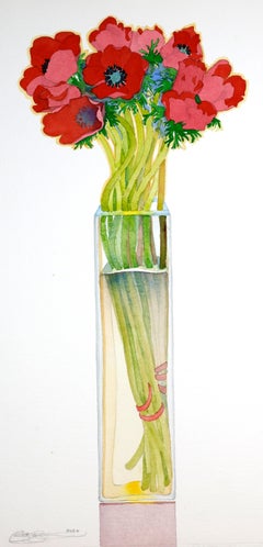 „Anemonen“, Aquarell auf Baumwolle, professionell gerahmt in einem Rahmen aus neutralem Holz