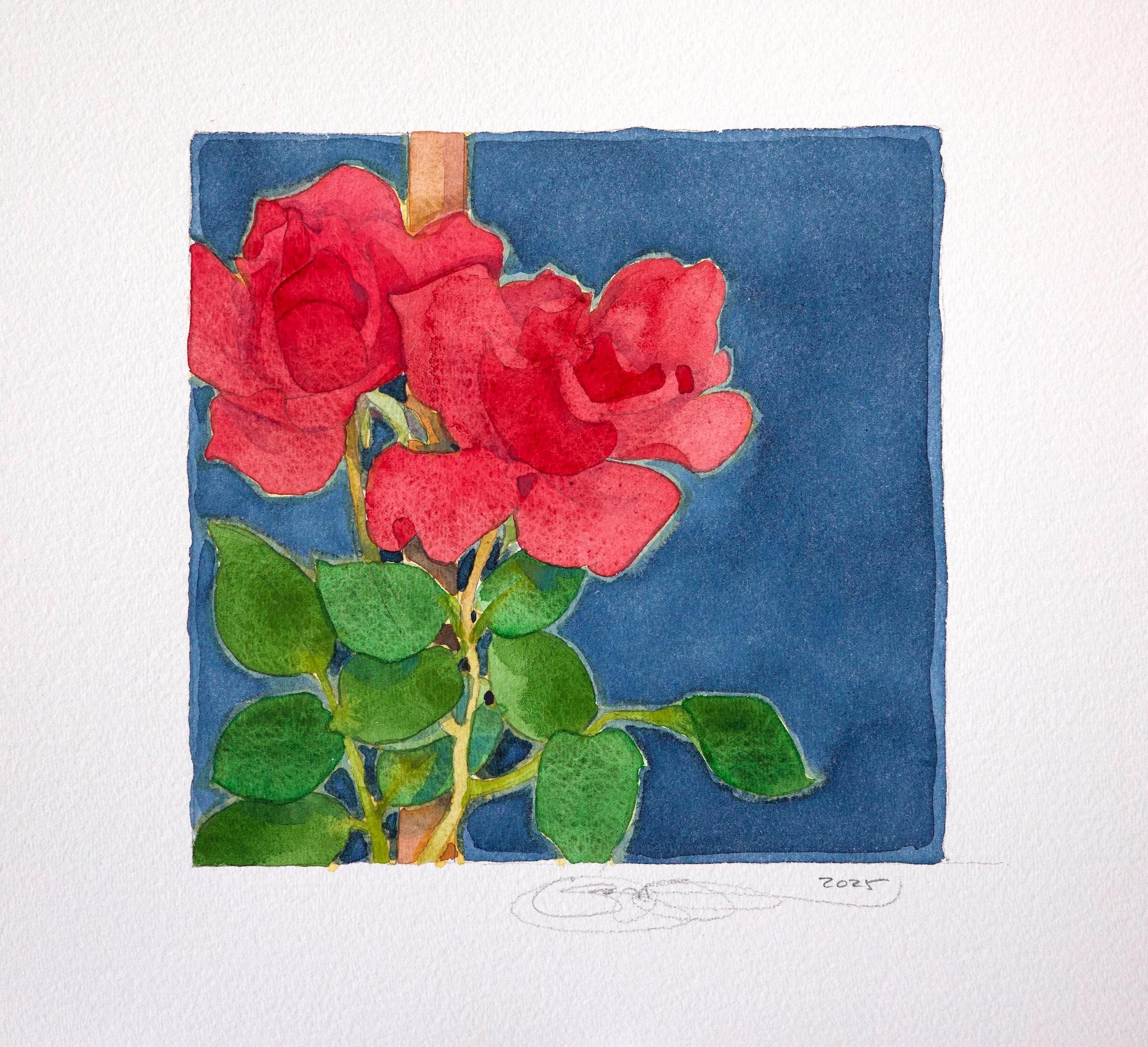 "Magenta Rose Study", acquerello su carta, incorniciato in legno chiaro