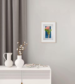 'Tall Pink Rose Study' watercolor on paper, framed in light wood