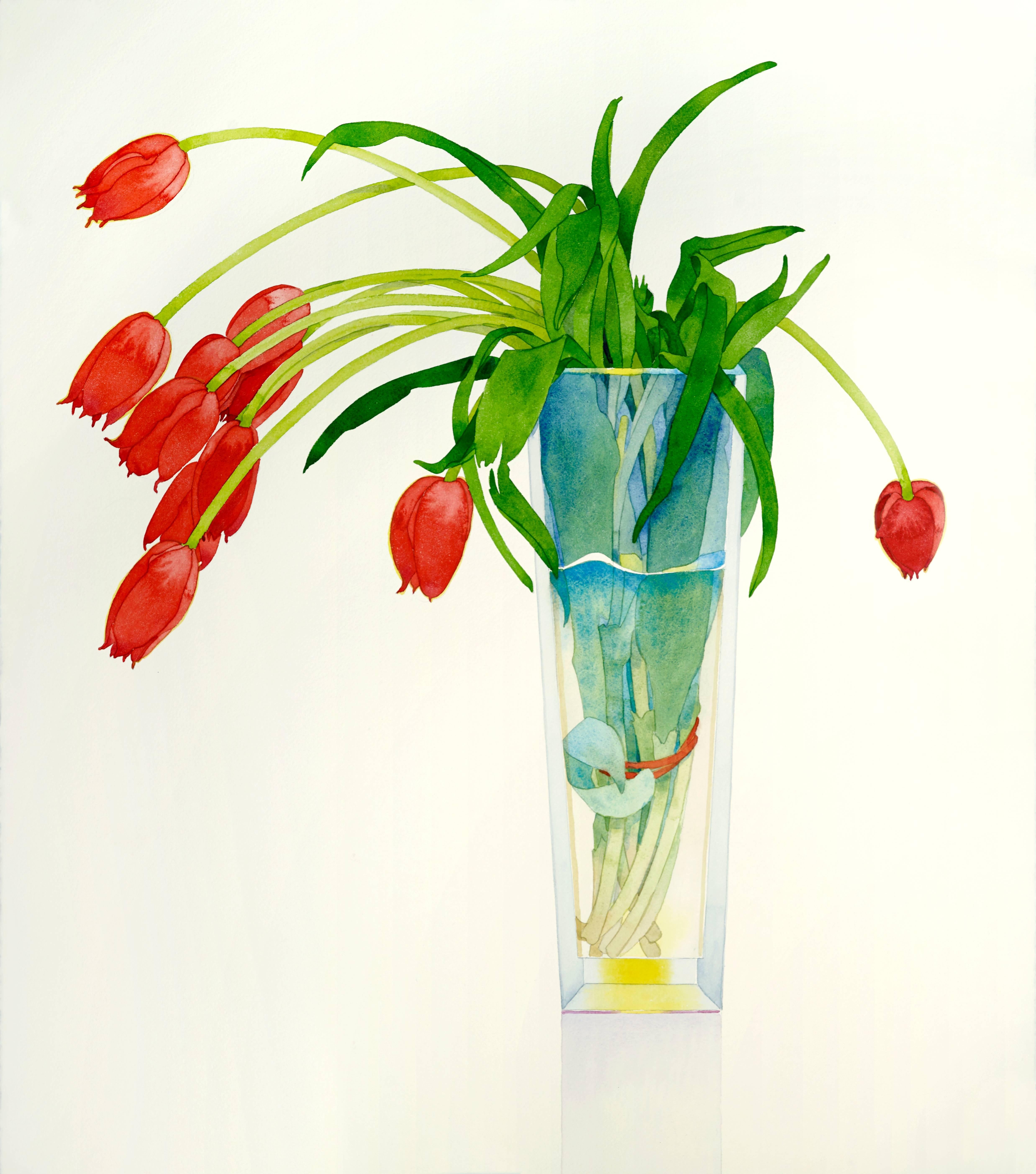 Red Tulips in a Tall Vase / watercolor